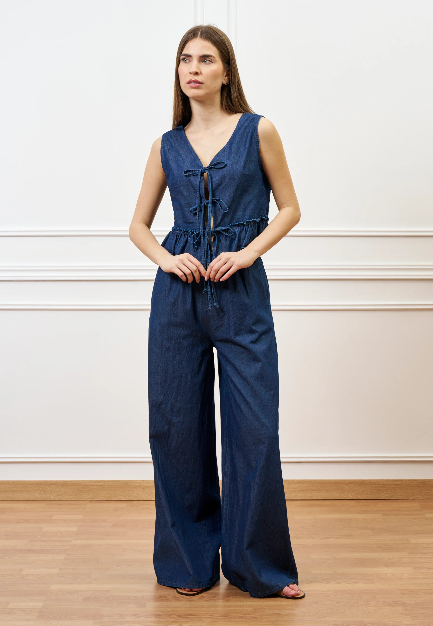 Blusa con laccetti in chambray - BLU - Image 3