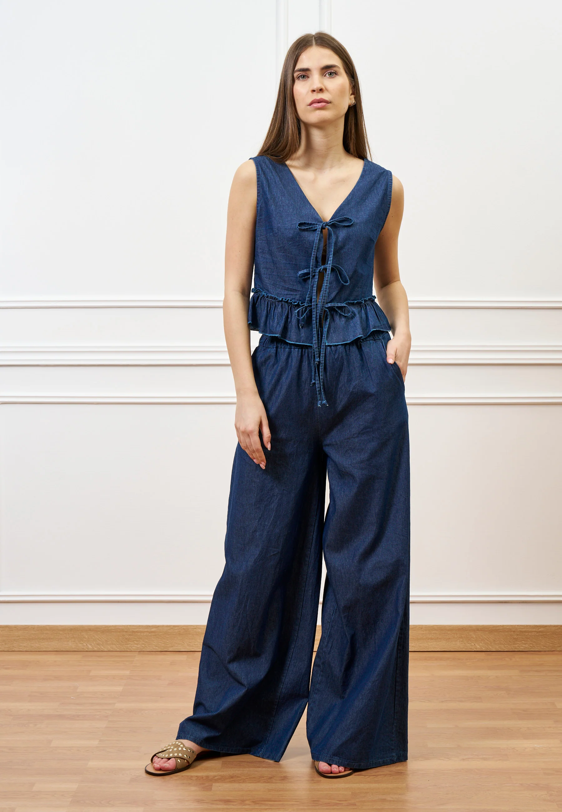 Blusa con laccetti in chambray - BLU - Image 4