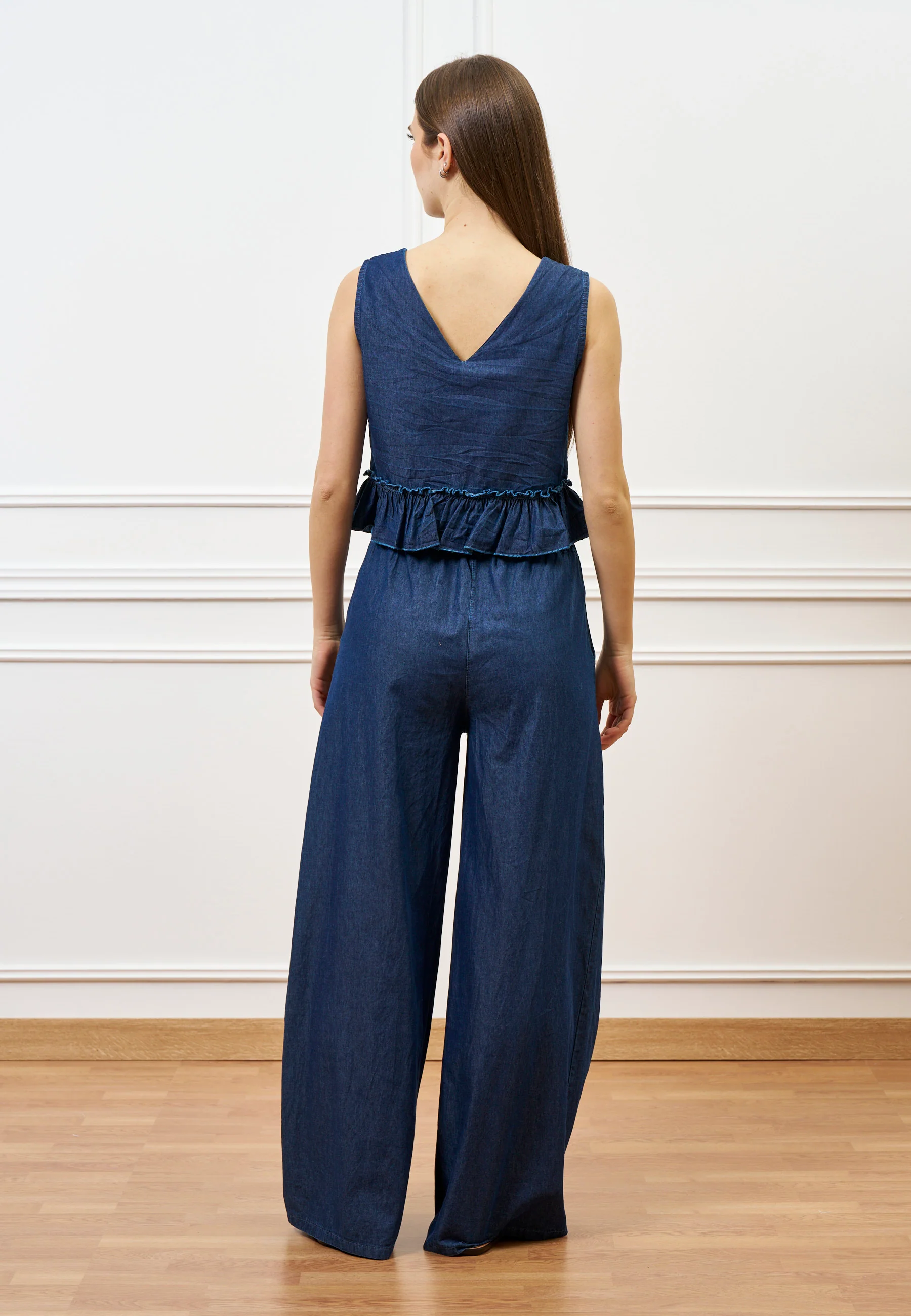 Blusa con laccetti in chambray - BLU - Image 5