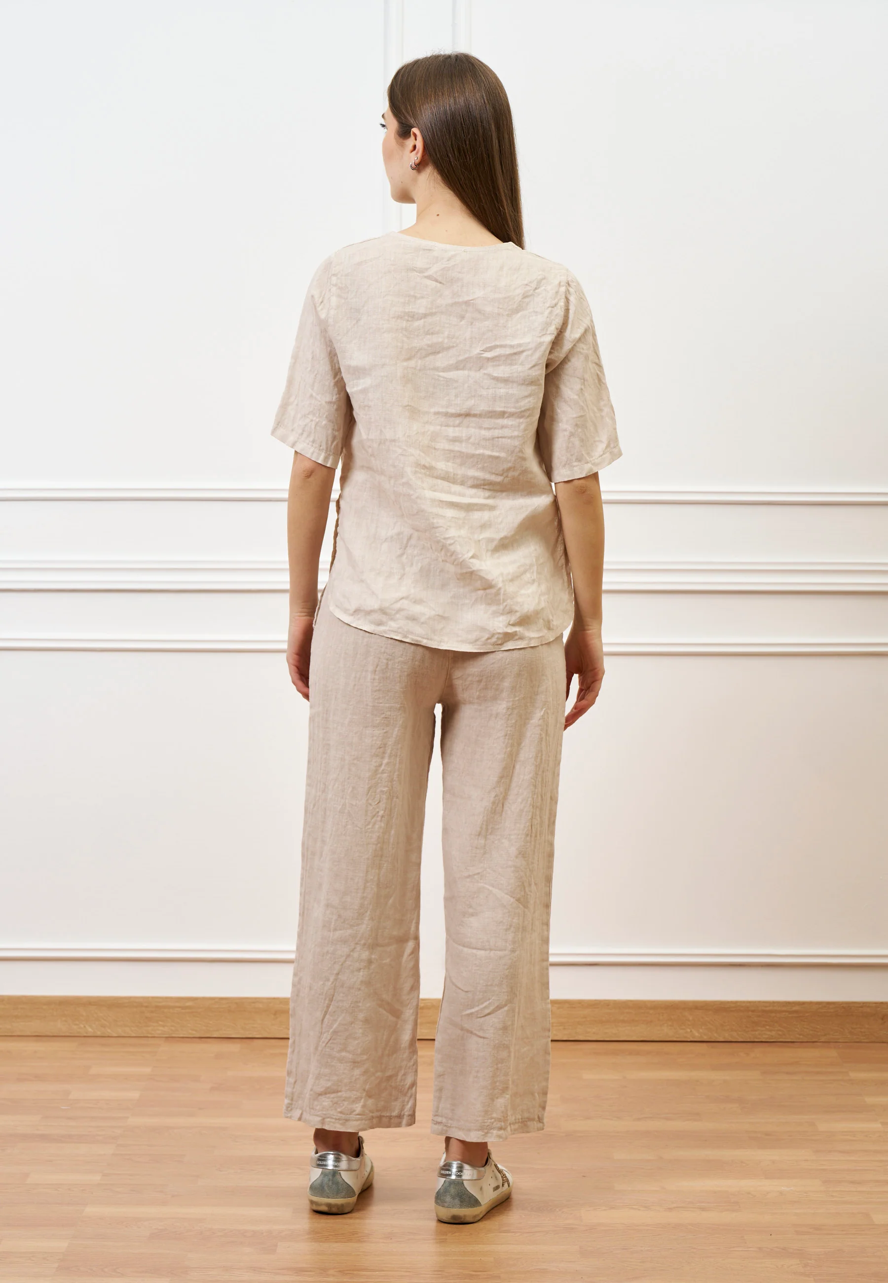 Blusa con scollo a V in lino - BEIGE - Image 5