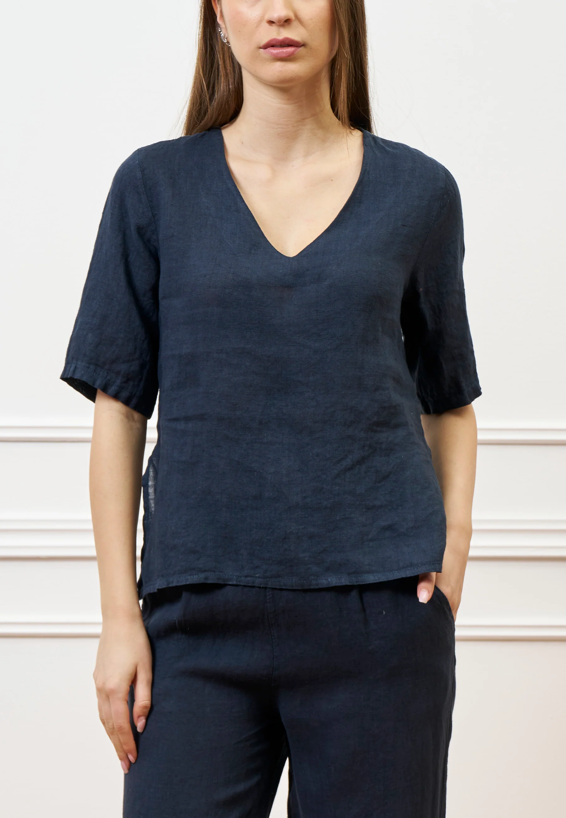 Blusa con scollo a V in lino - BLU