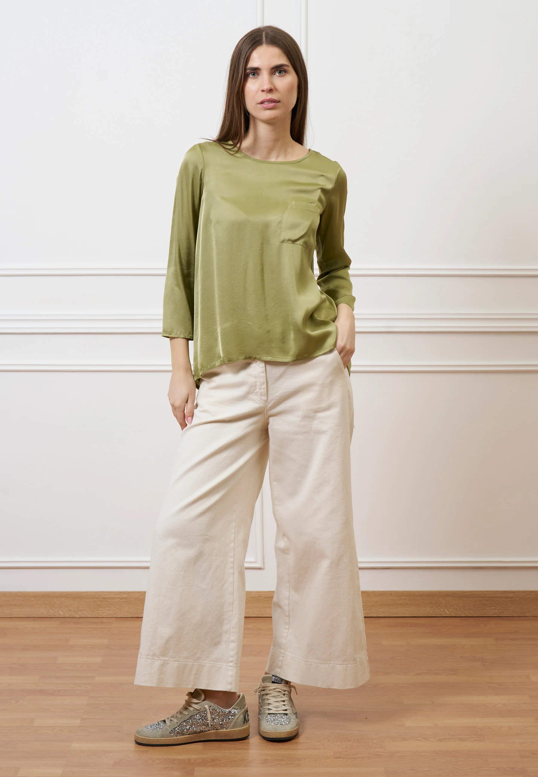 Blusa con taschino e arriccio retro - SALVIA - Image 2