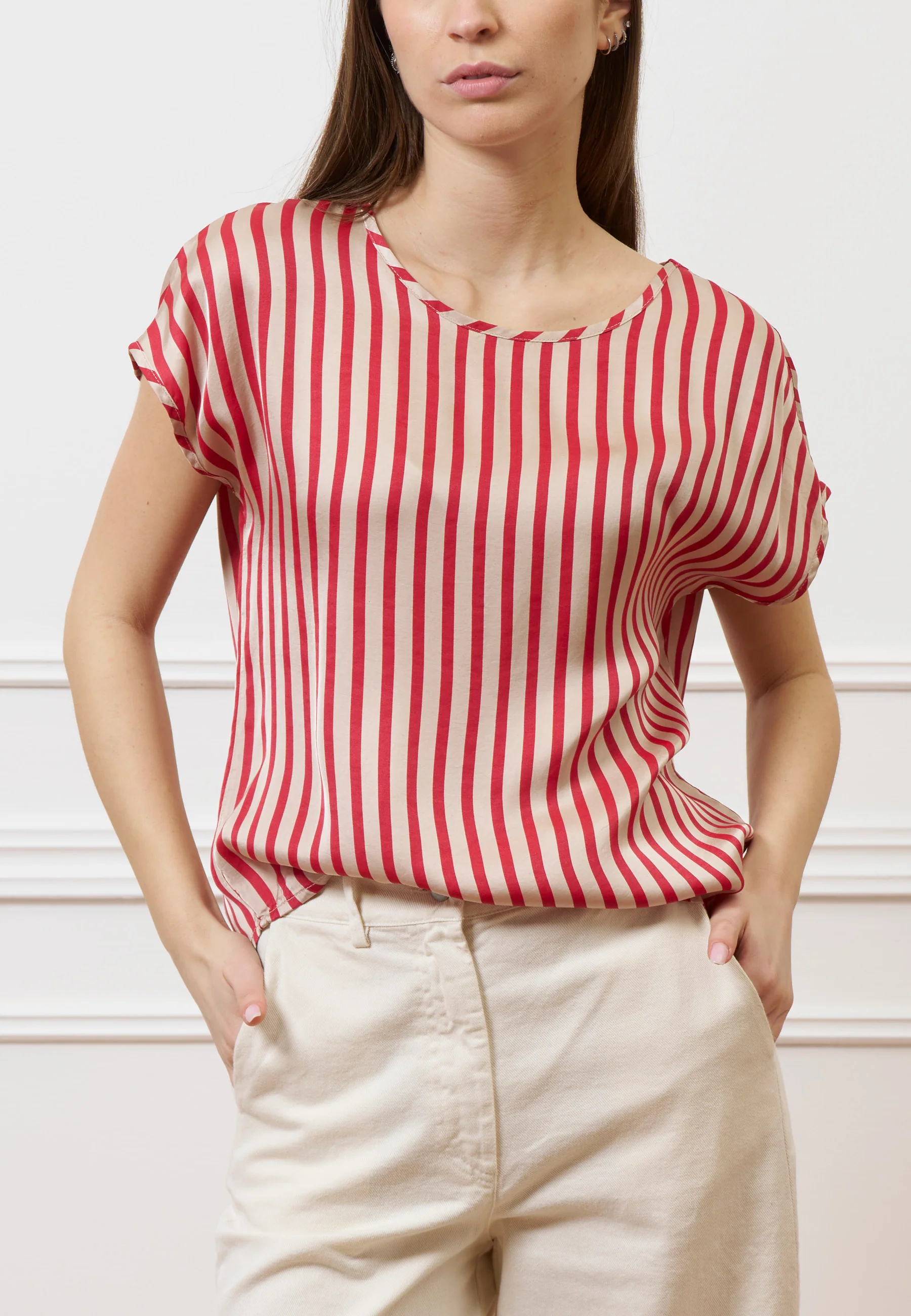 Blusa in raso a righe - ROSSO/BEIGE - Image 2