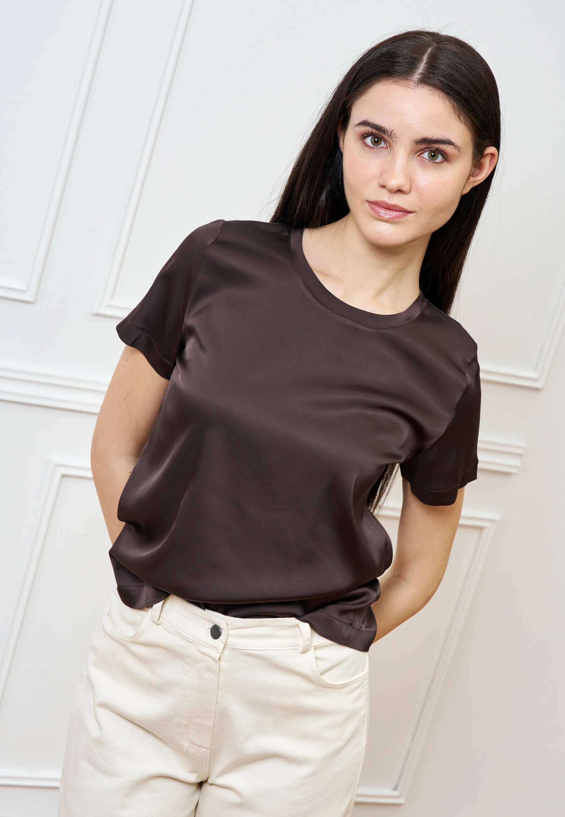 Blusa in raso di viscosa - MARRONE - Image 3