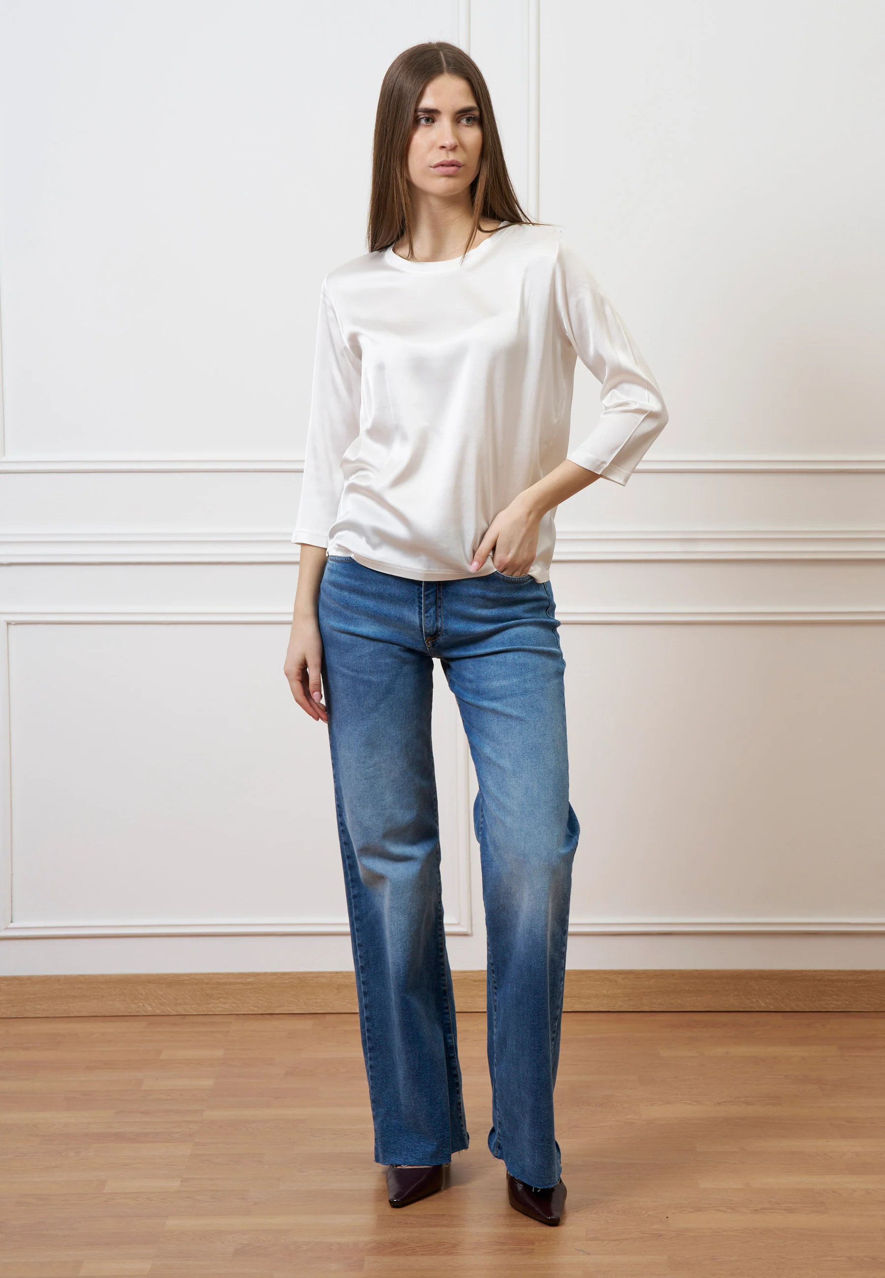 Blusa in raso maniche trequarti - AVORIO - Image 2