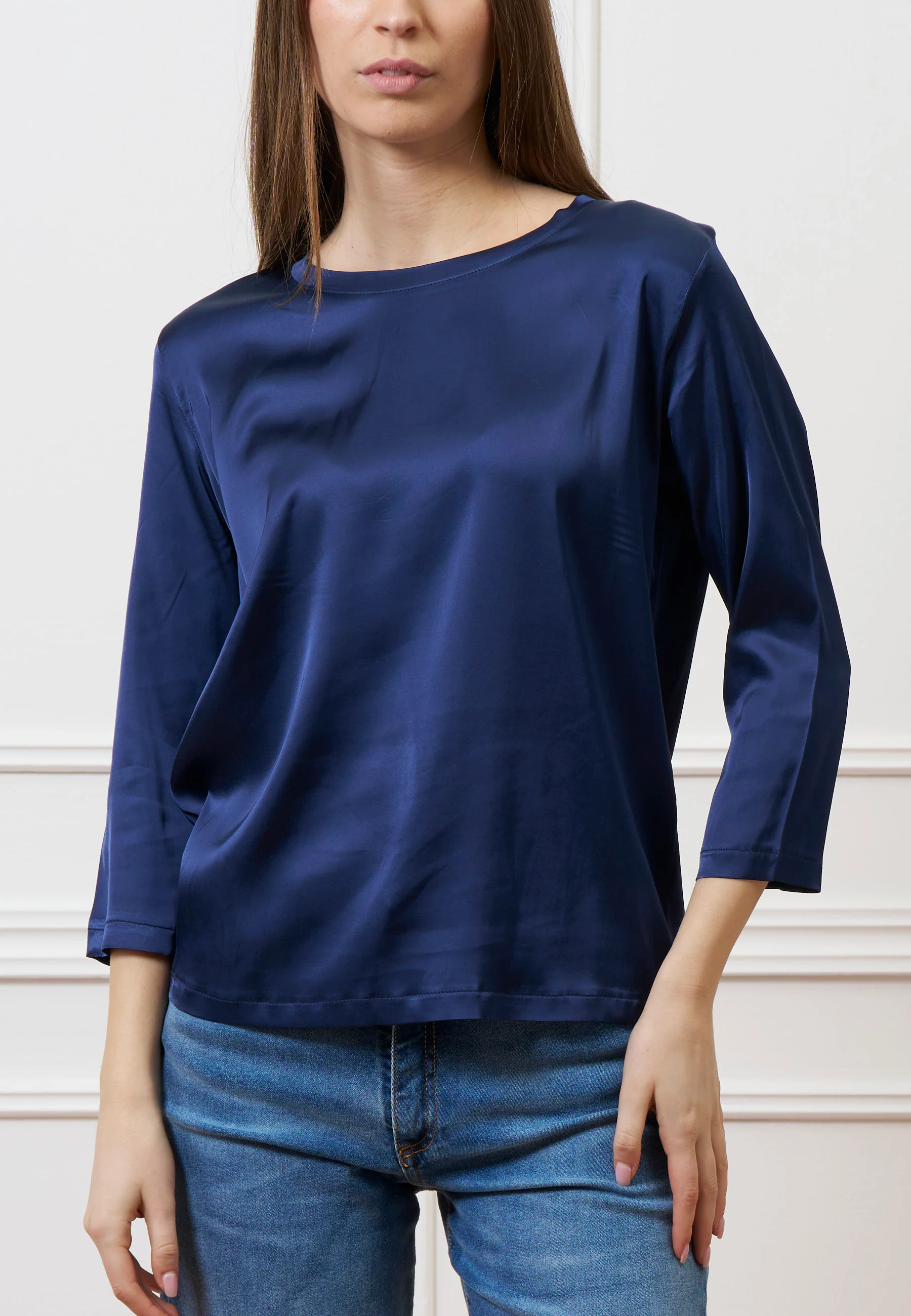 Blusa in raso maniche trequarti - BLU