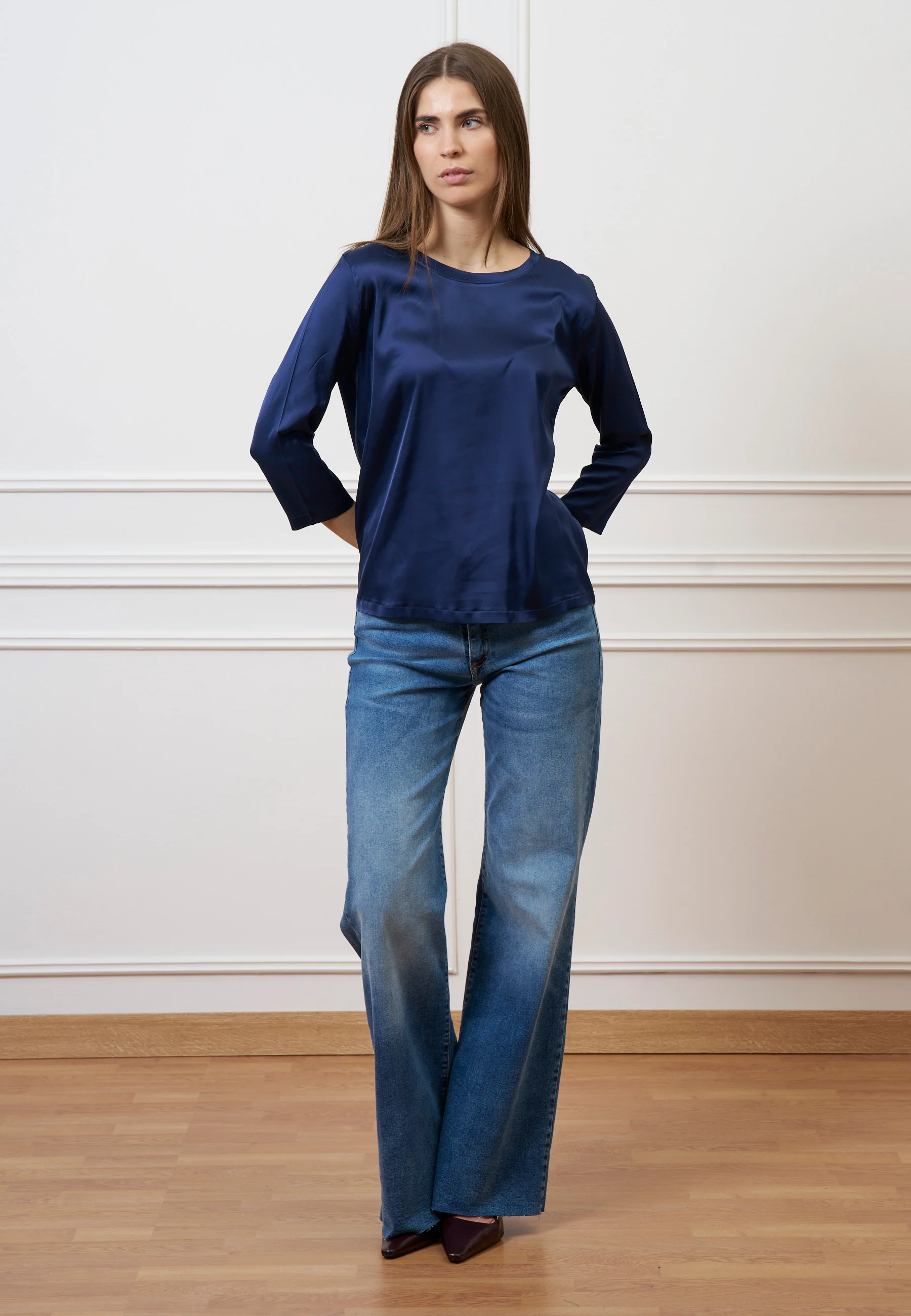 Blusa in raso maniche trequarti - BLU - Image 2