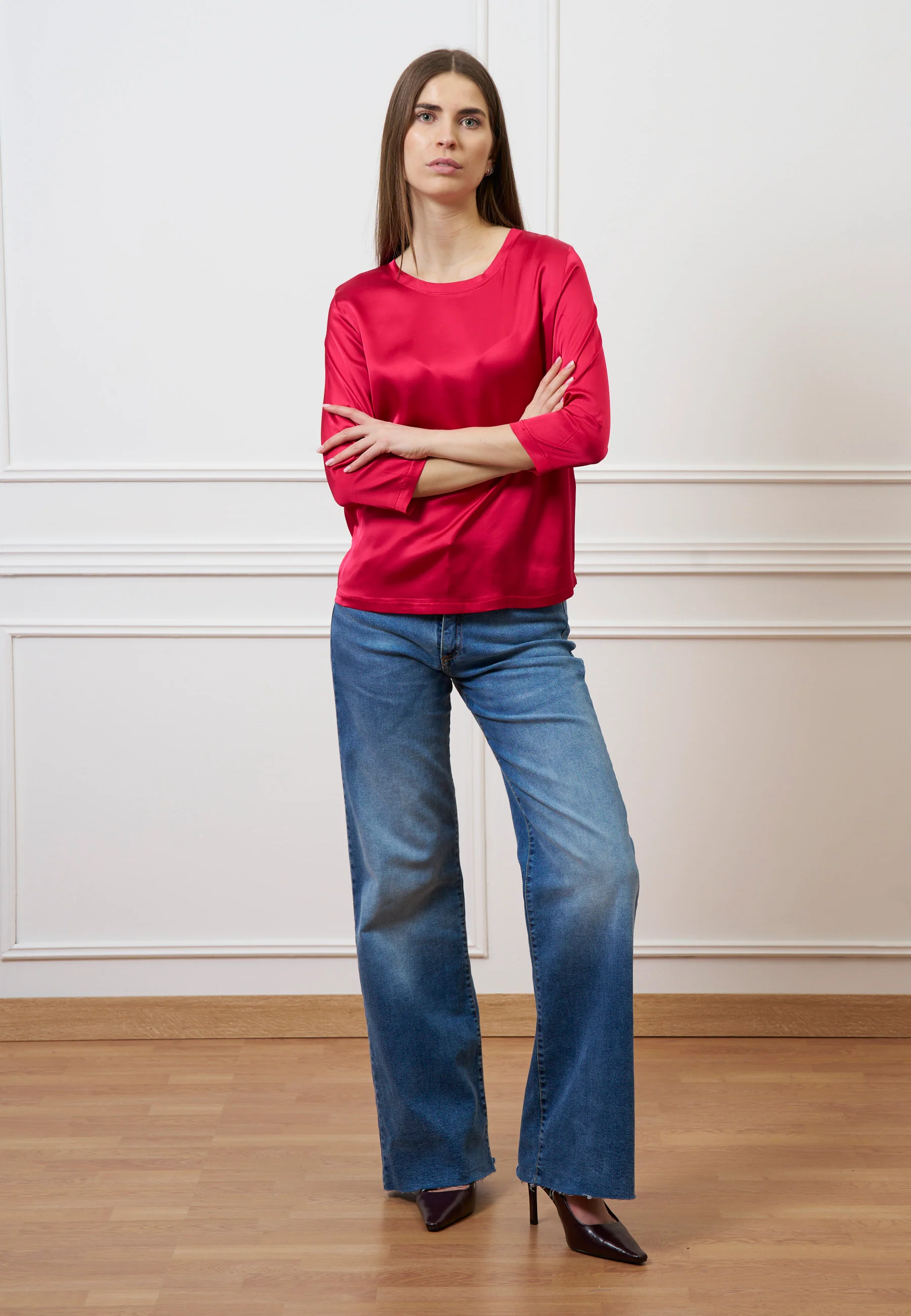 Blusa in raso maniche trequarti - ROSSO - Image 4