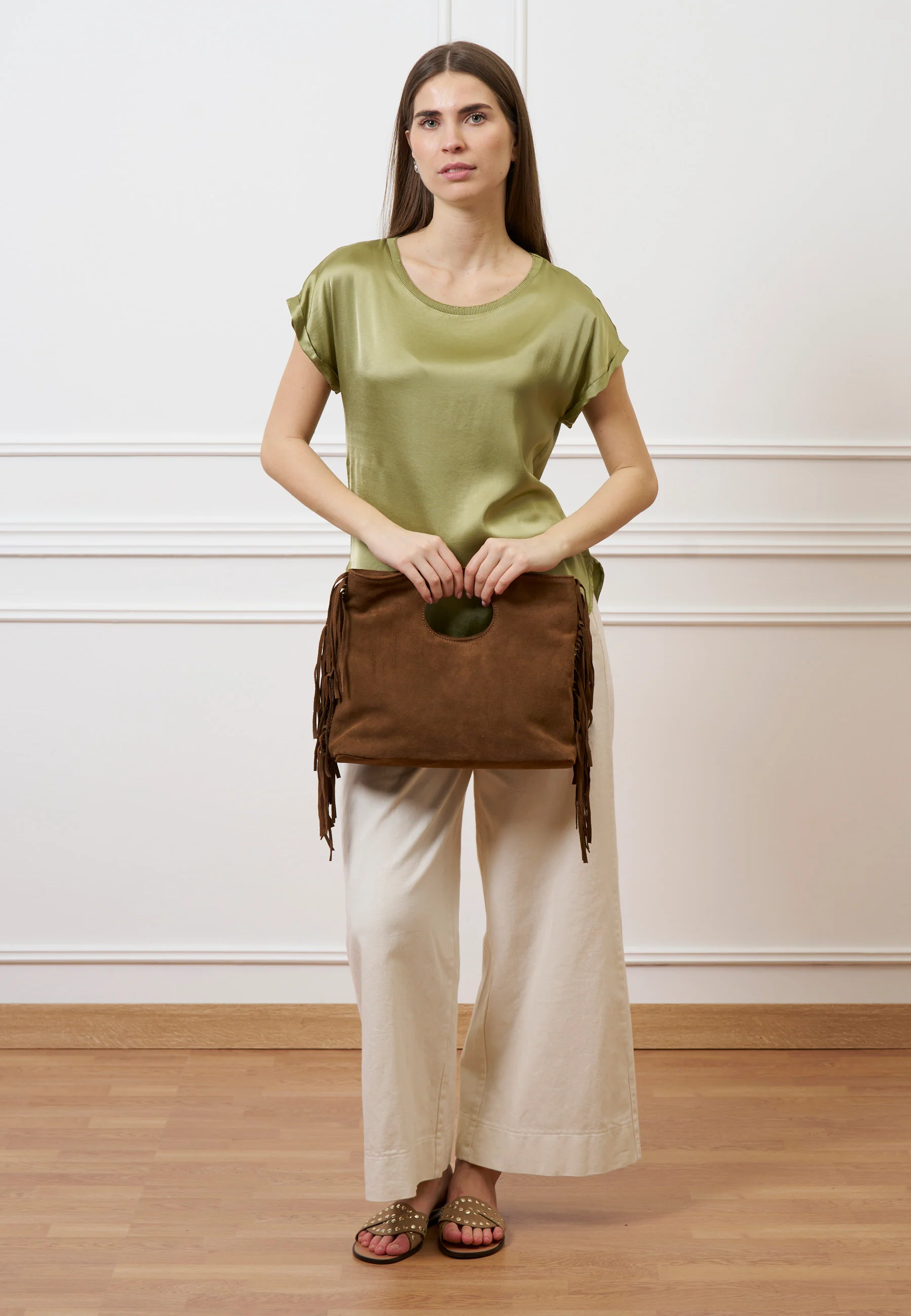Borsa in camoscio con frange laterali - TABACCO - Image 4