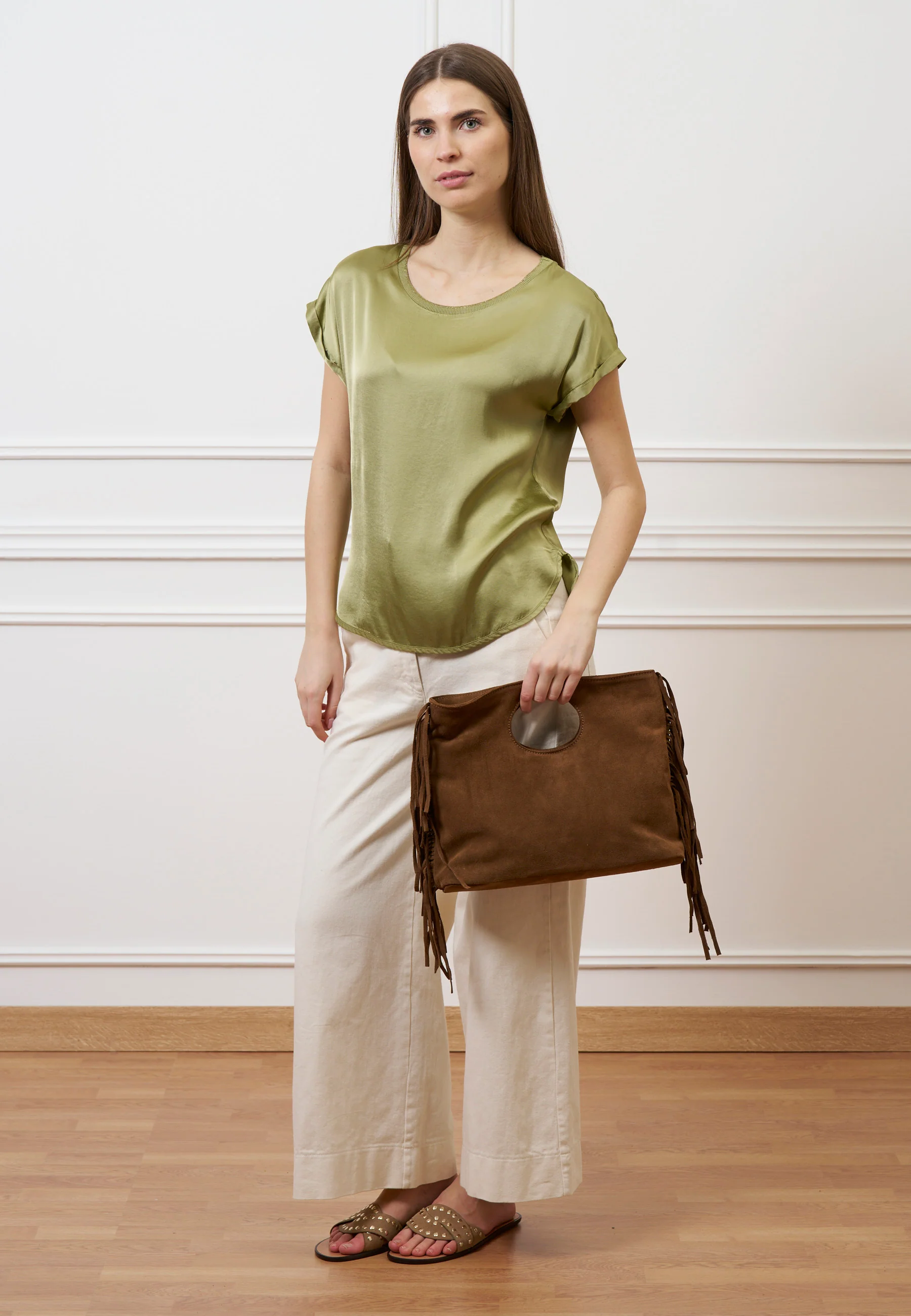Borsa in camoscio con frange laterali - TABACCO - Image 5