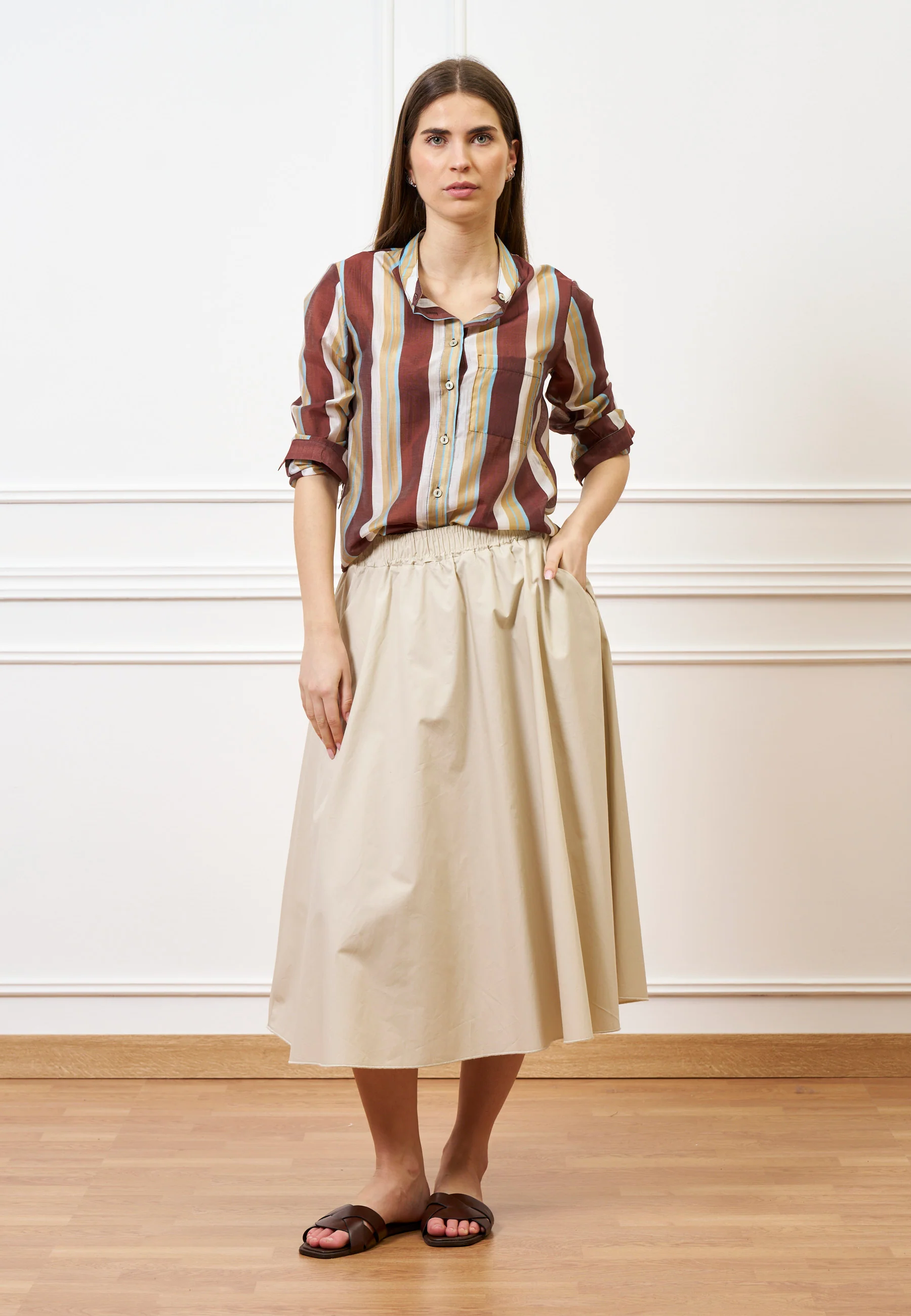 Camicia a righe con collo alla coreana - MARRONE - Image 4