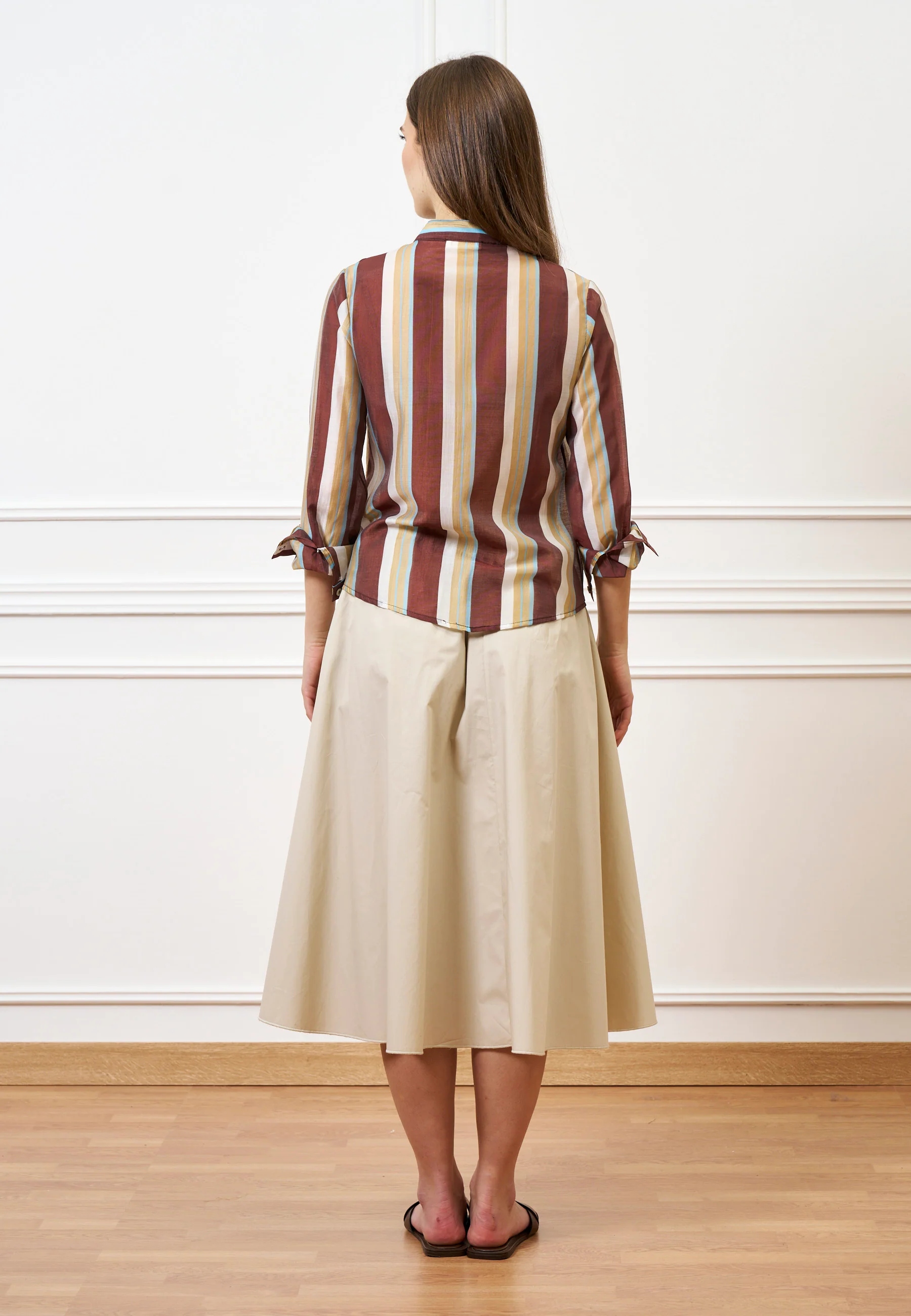 Camicia a righe con collo alla coreana - MARRONE - Image 5