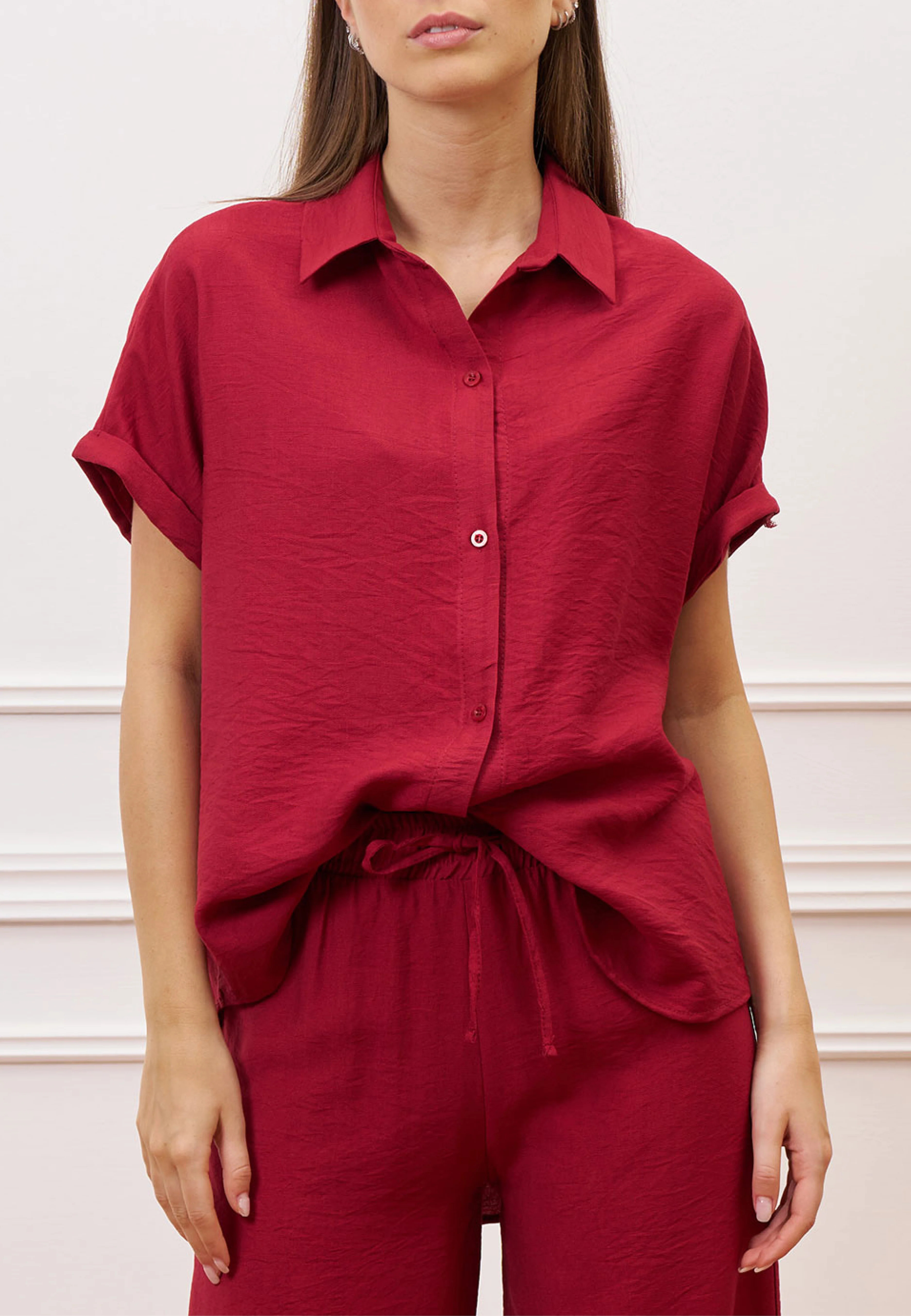 Camicia ampia in viscosa con maniche corte - BORDEAUX
