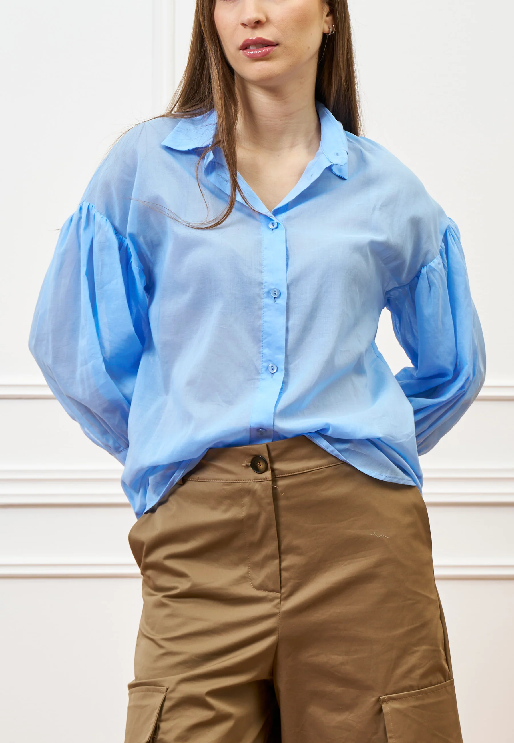 Camicia con maniche a palloncino - CELESTE