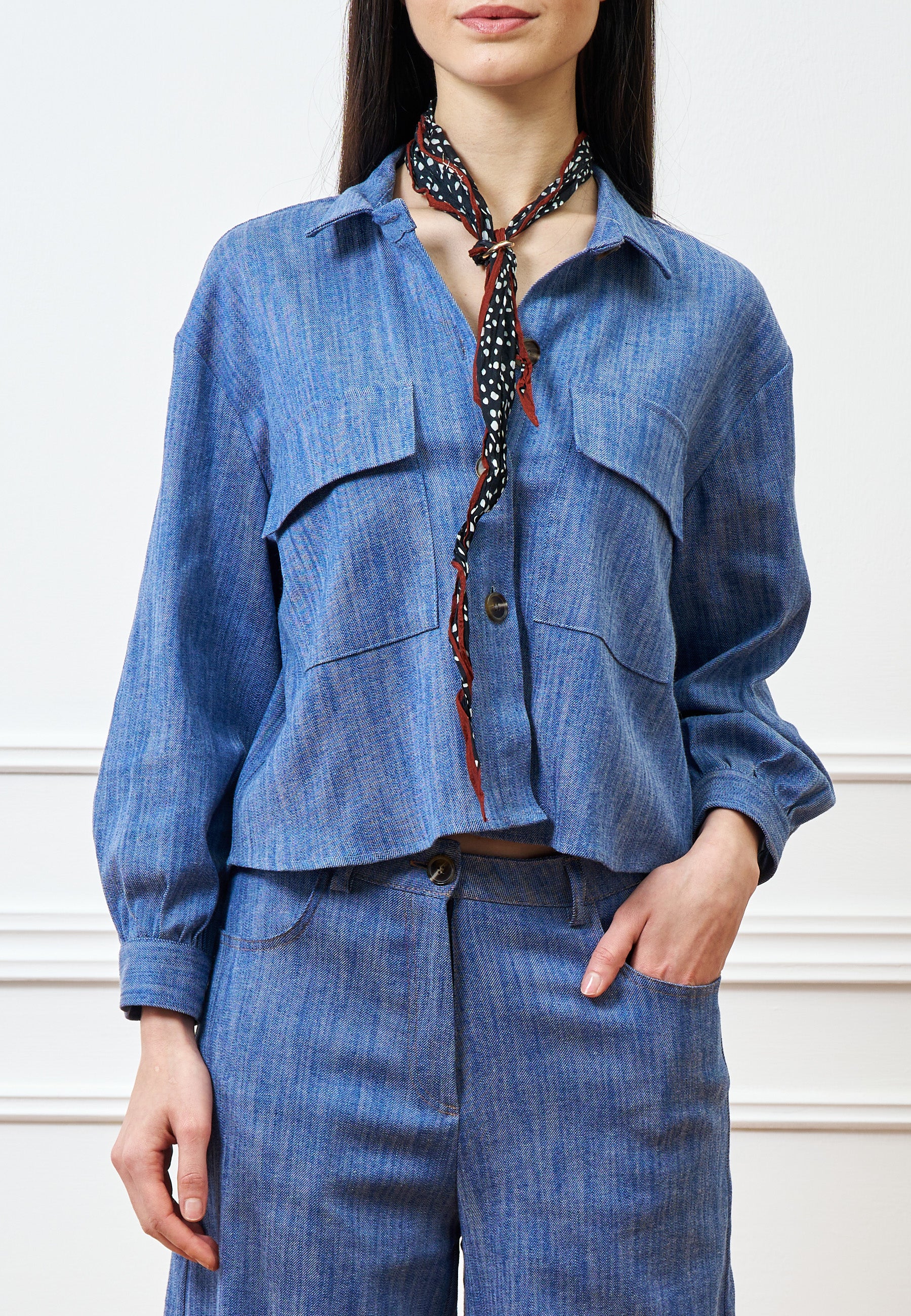 Camicia crop effetto denim - BLU - Image 2