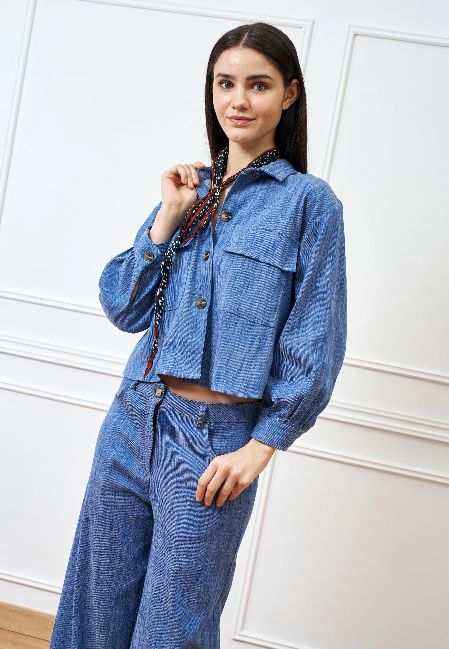 Camicia crop effetto denim - BLU - Image 5