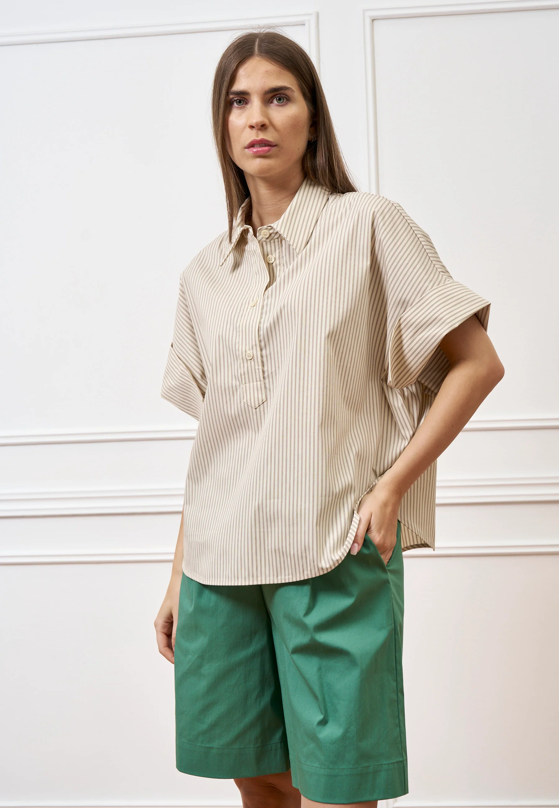 Camicia over a righe - BEIGE