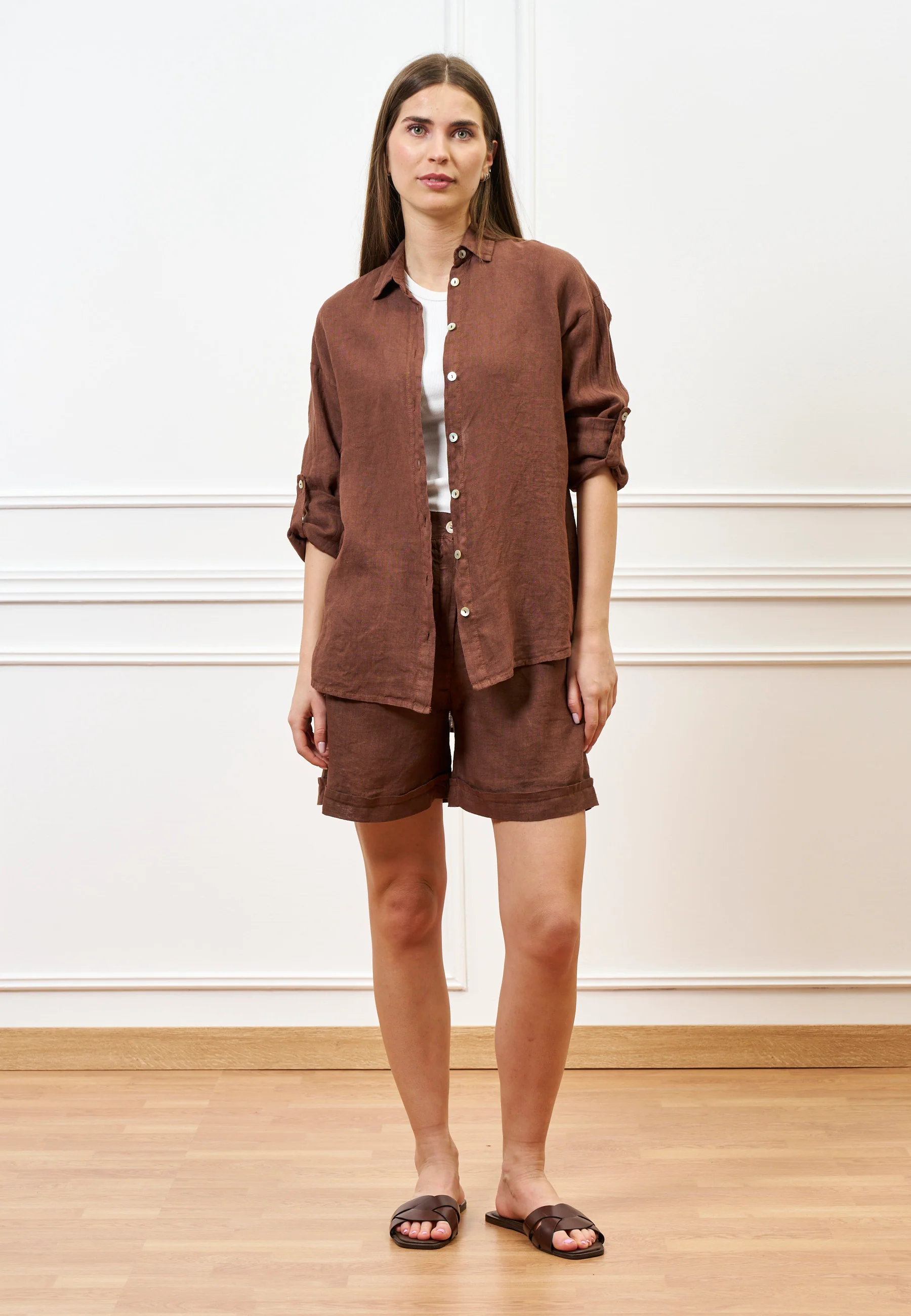 Camicia over in lino - TABACCO - Image 3