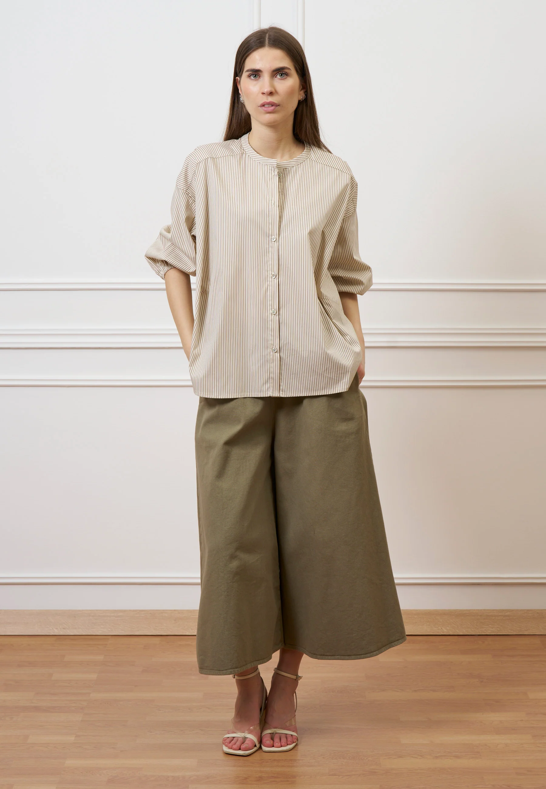 Camicia over in popeline rigato - AVORIO/NOCCIOLA - Image 3