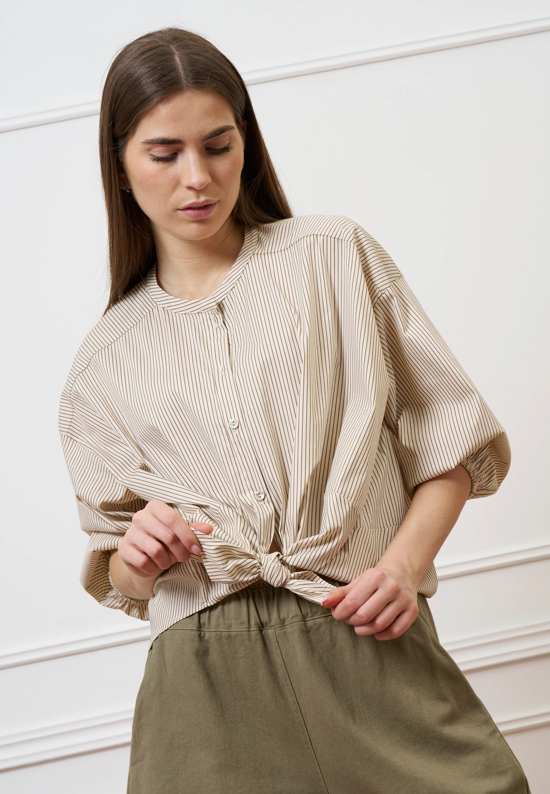 Camicia over in popeline rigato - AVORIO/NOCCIOLA - Image 6