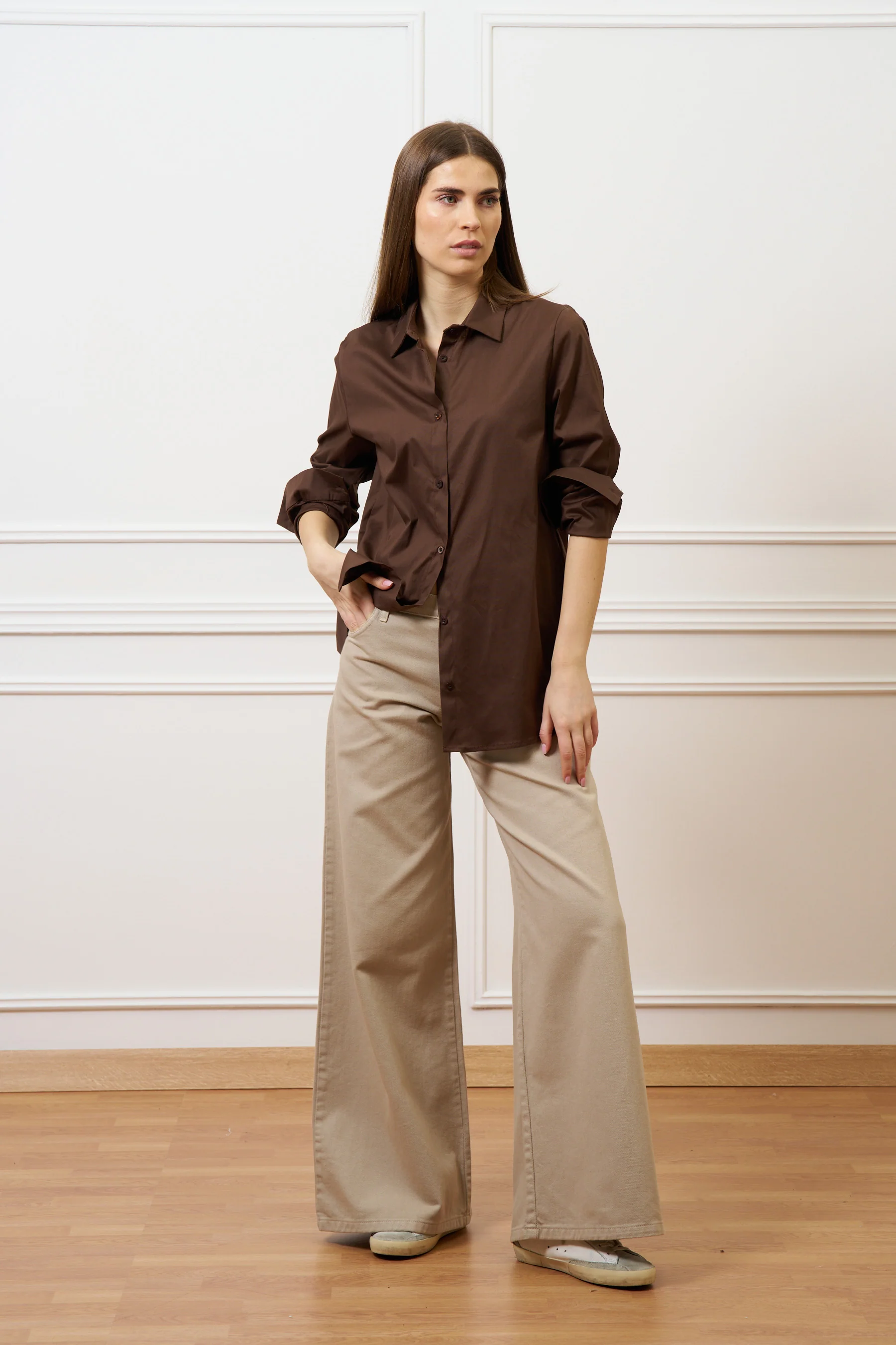 Camicia over lunga in cotone - MARRONE - Image 3