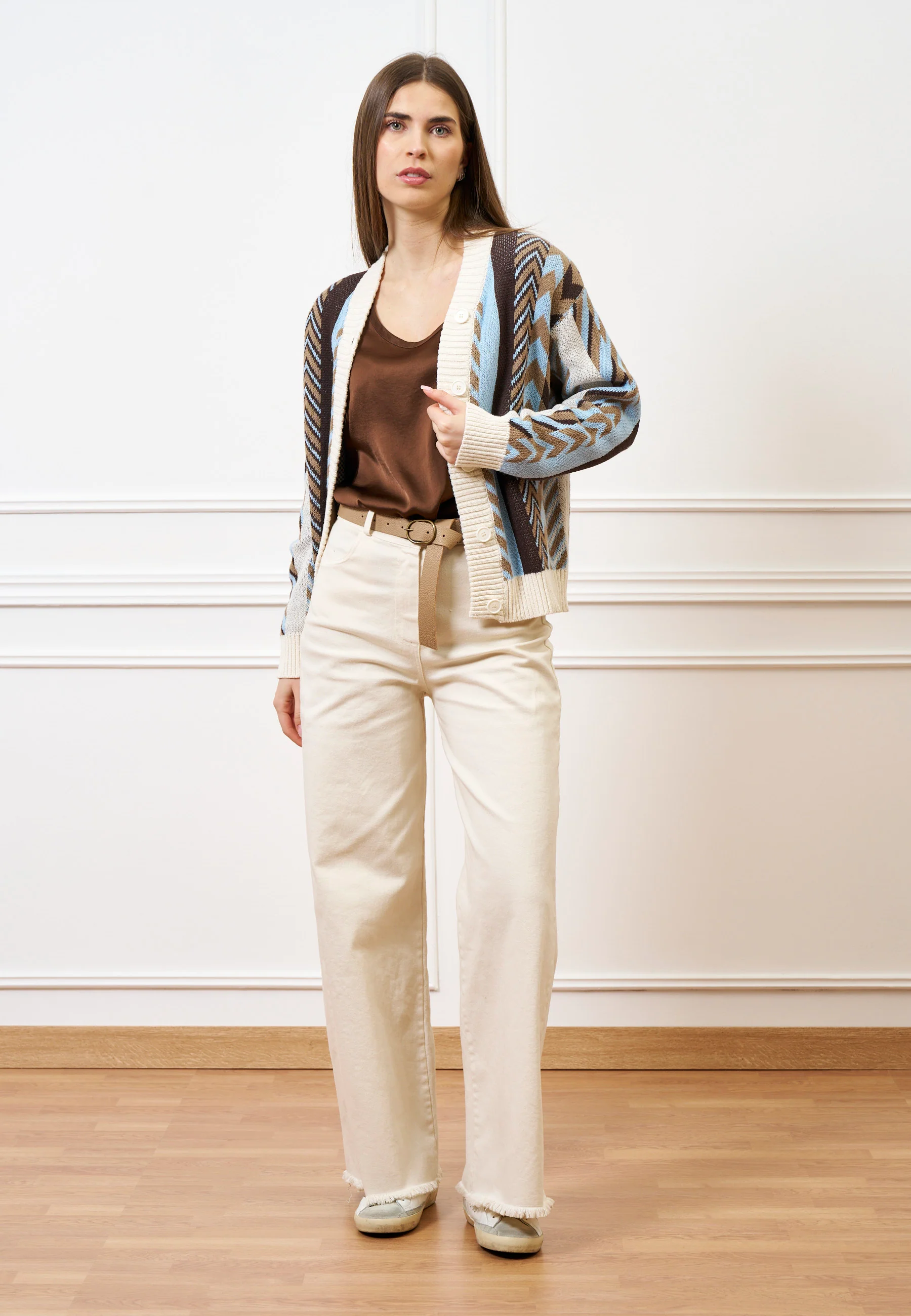 Cardigan motivo geometrico - CELESTE/TABACCO - Image 4