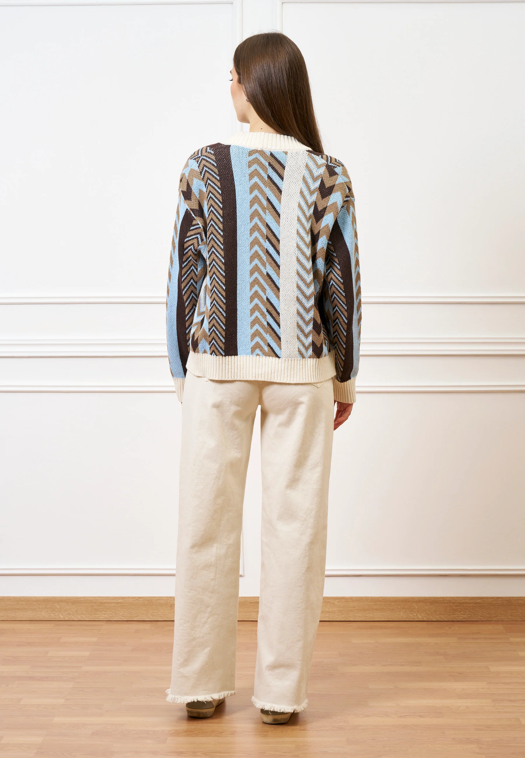 Cardigan motivo geometrico - CELESTE/TABACCO - Image 5