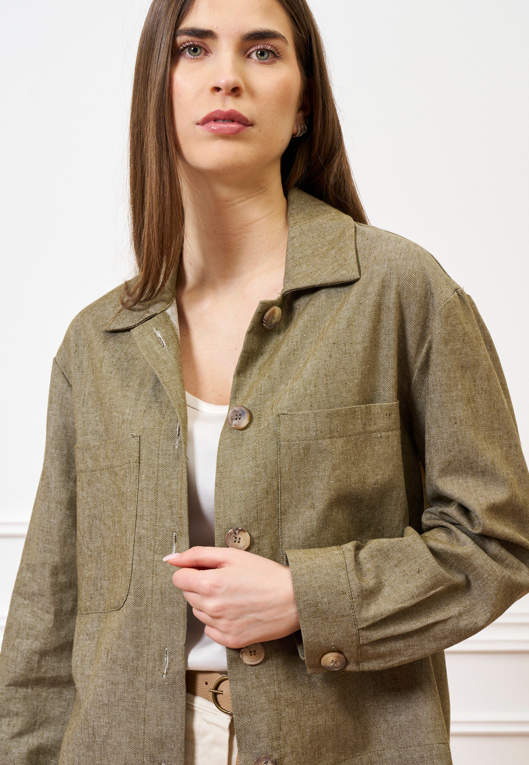 Giubbino crop in lino e cotone - MILITARE - Image 5