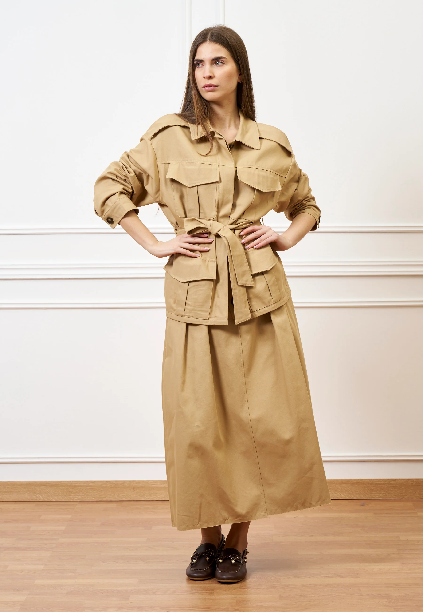 Gonna midi con pinces in vita - BEIGE - Image 8