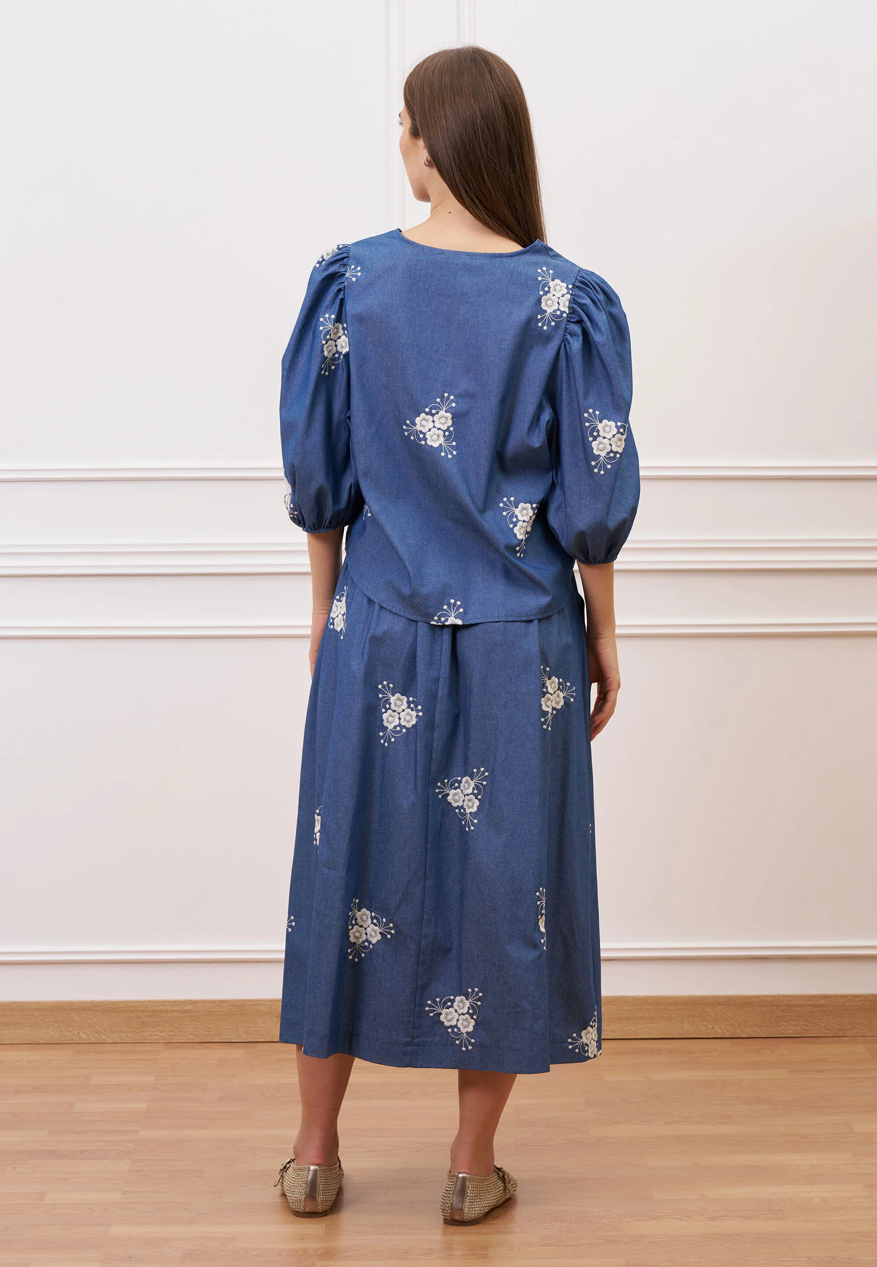 Gonna midi in chambray ricamato - BLU - Image 7