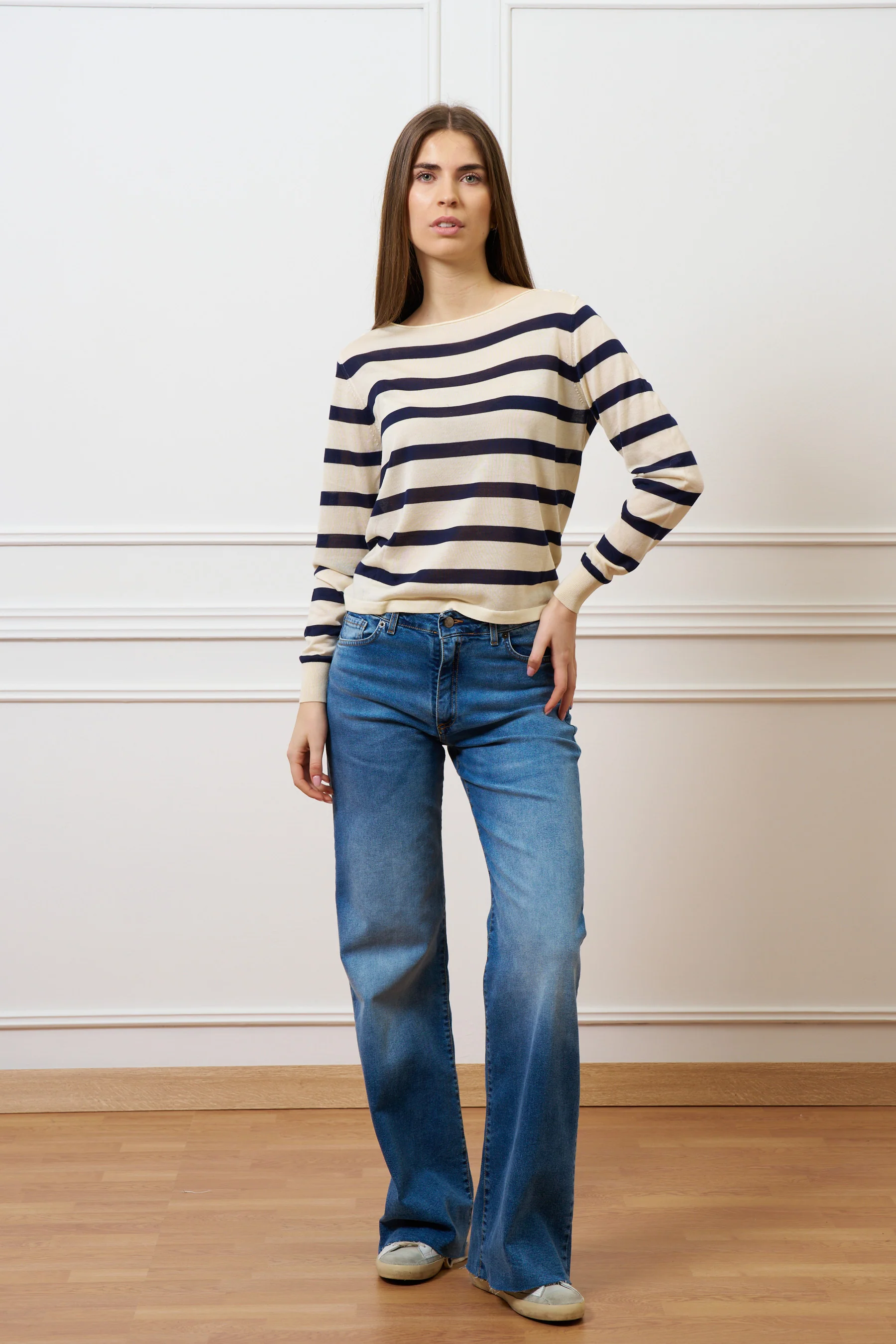 Maglia a righe con seta e cotone - AVORIO/BLU - Image 4