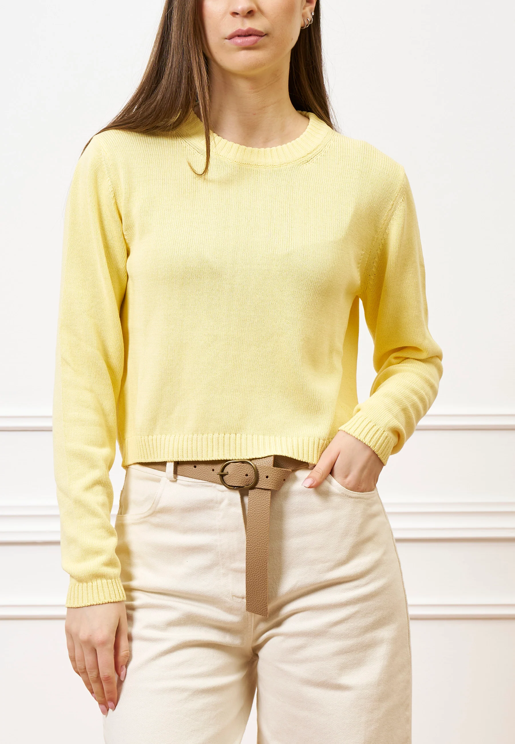 Maglia girocollo crop in cotone - GIALLO - Image 4