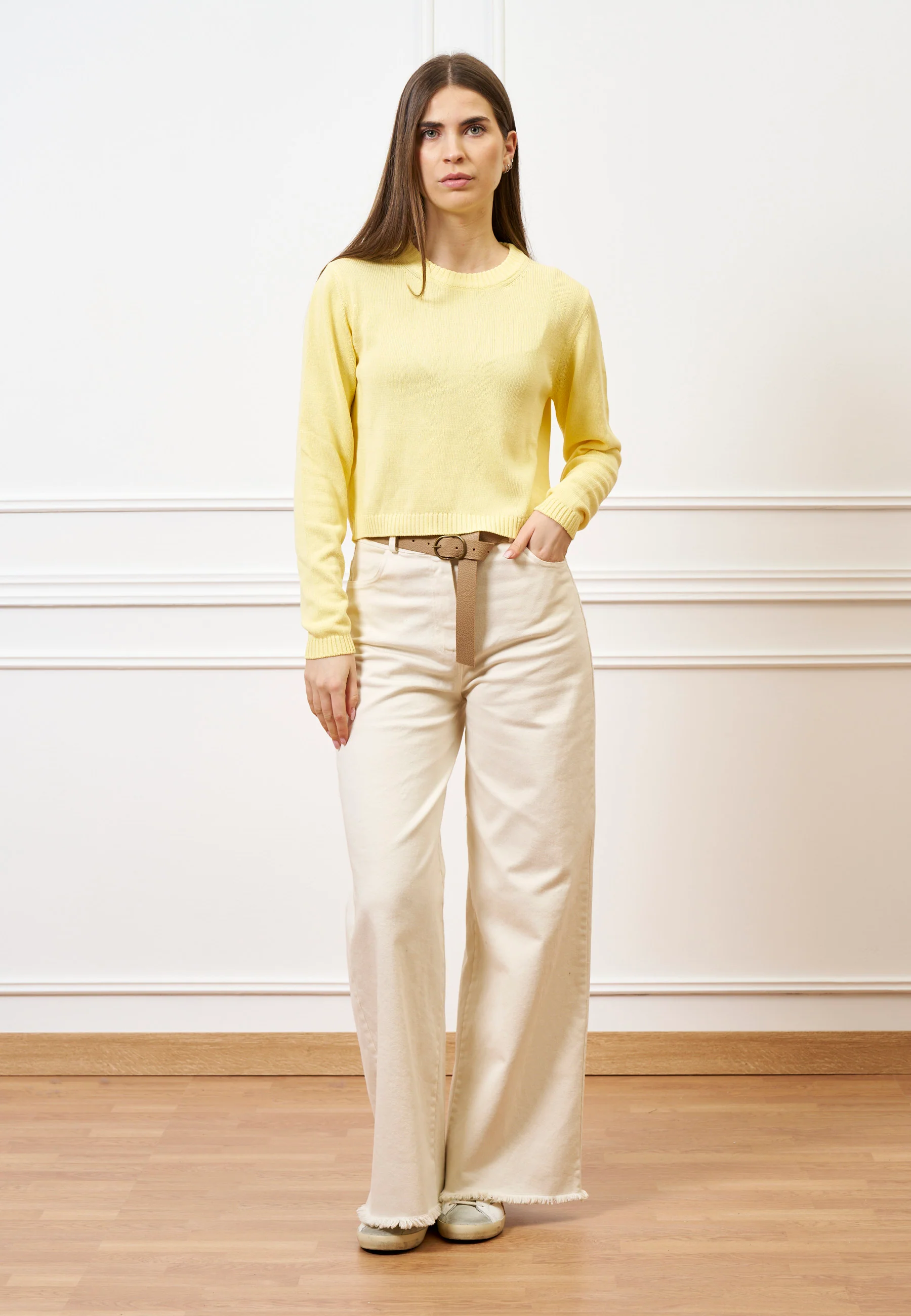 Maglia girocollo crop in cotone - GIALLO - Image 5