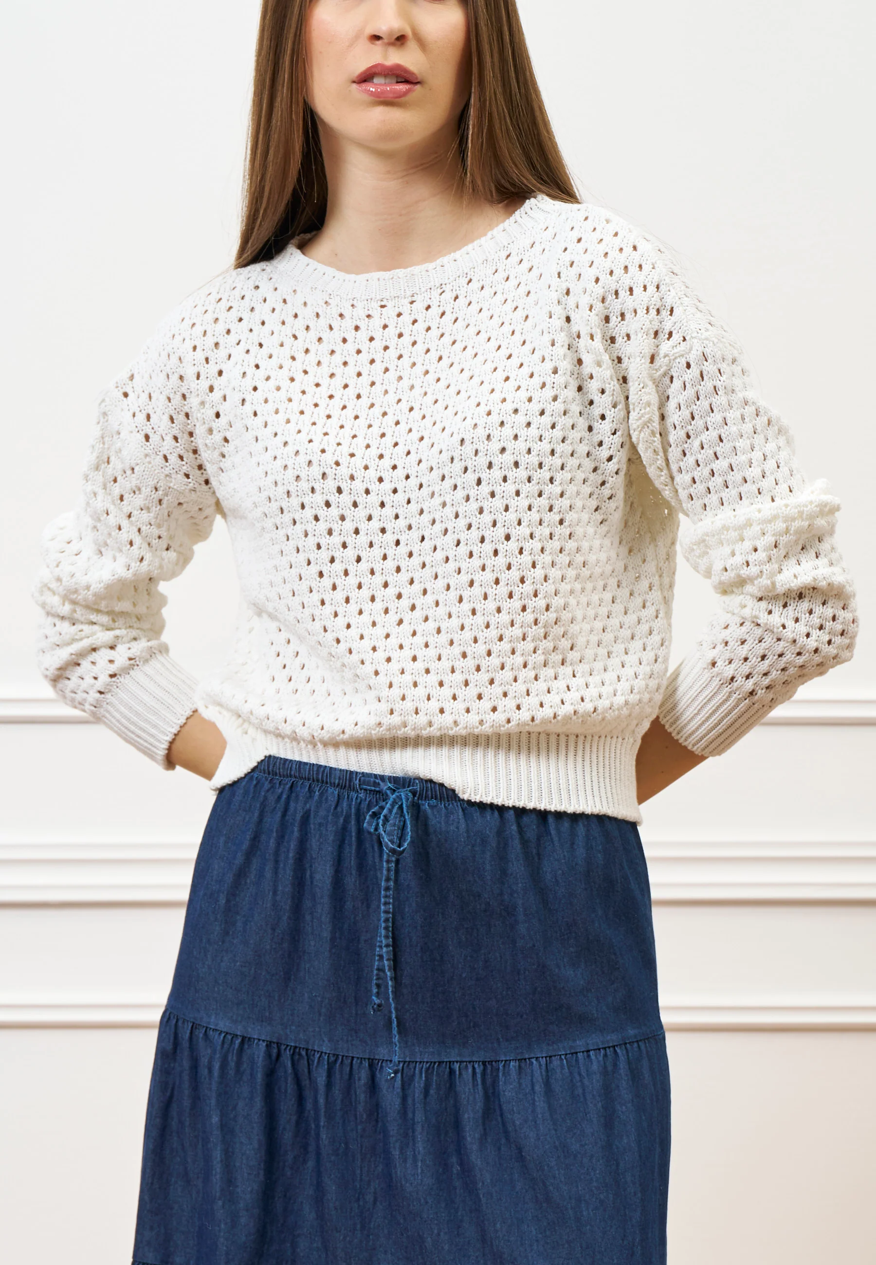 Maglia girocollo traforata - BIANCO