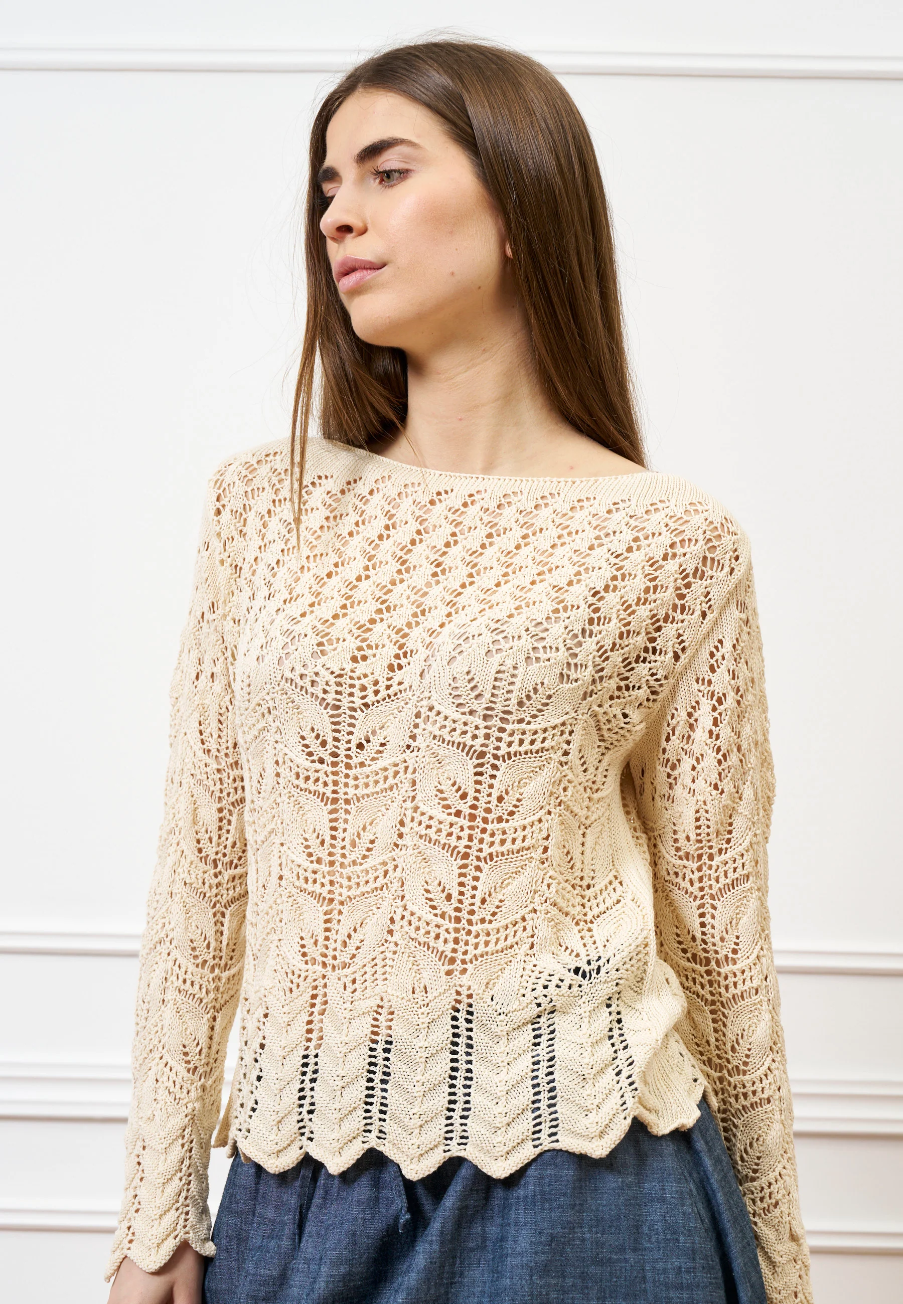 Maglia in cotone lavorata - BEIGE