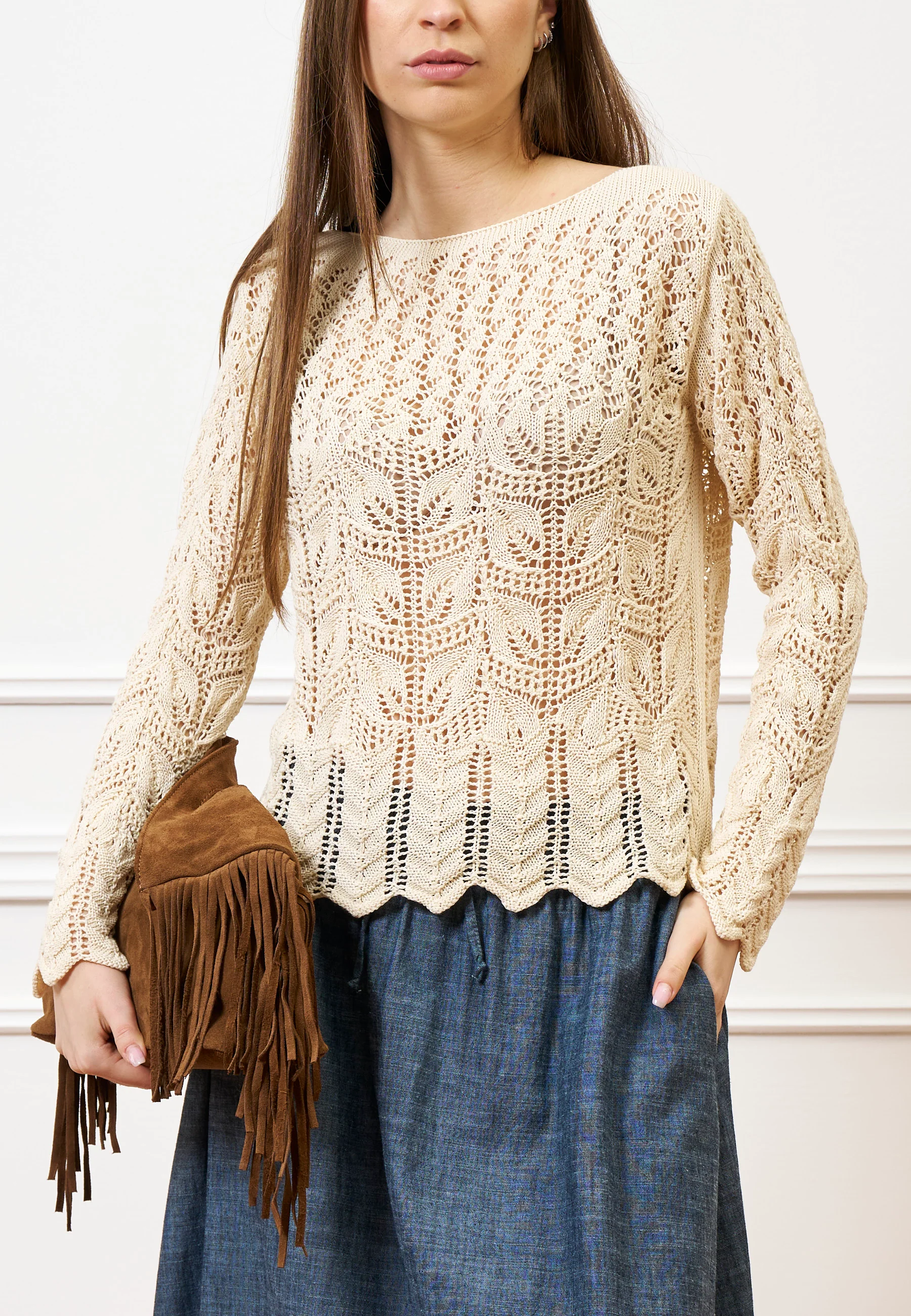Maglia in cotone lavorata - BEIGE - Image 2