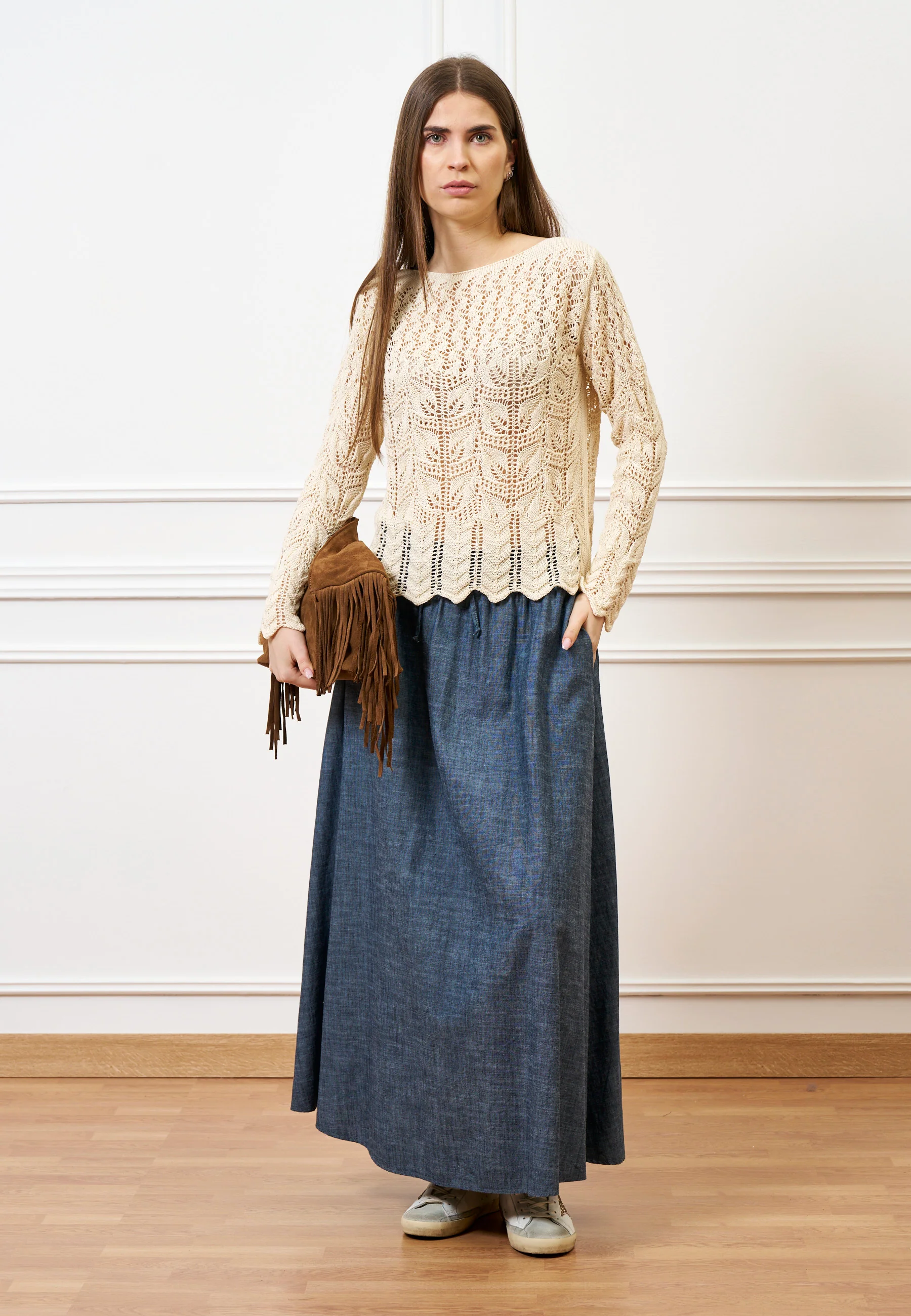 Maglia in cotone lavorata - BEIGE - Image 3