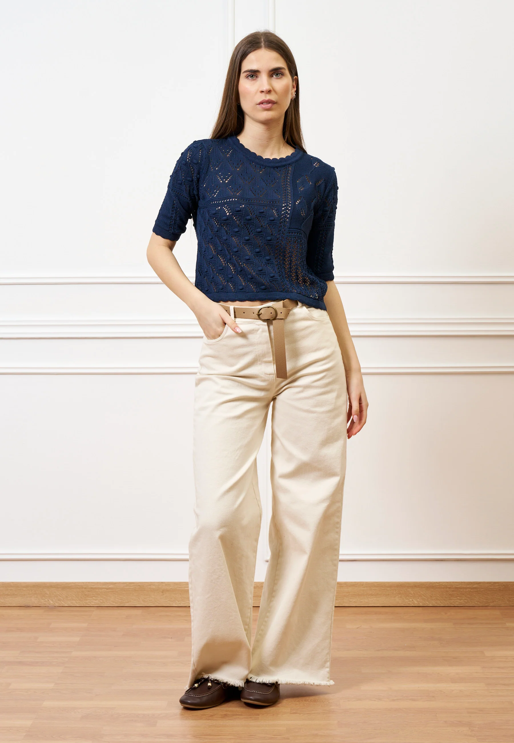 Maglia traforata crop in cotone - BLU - Image 3