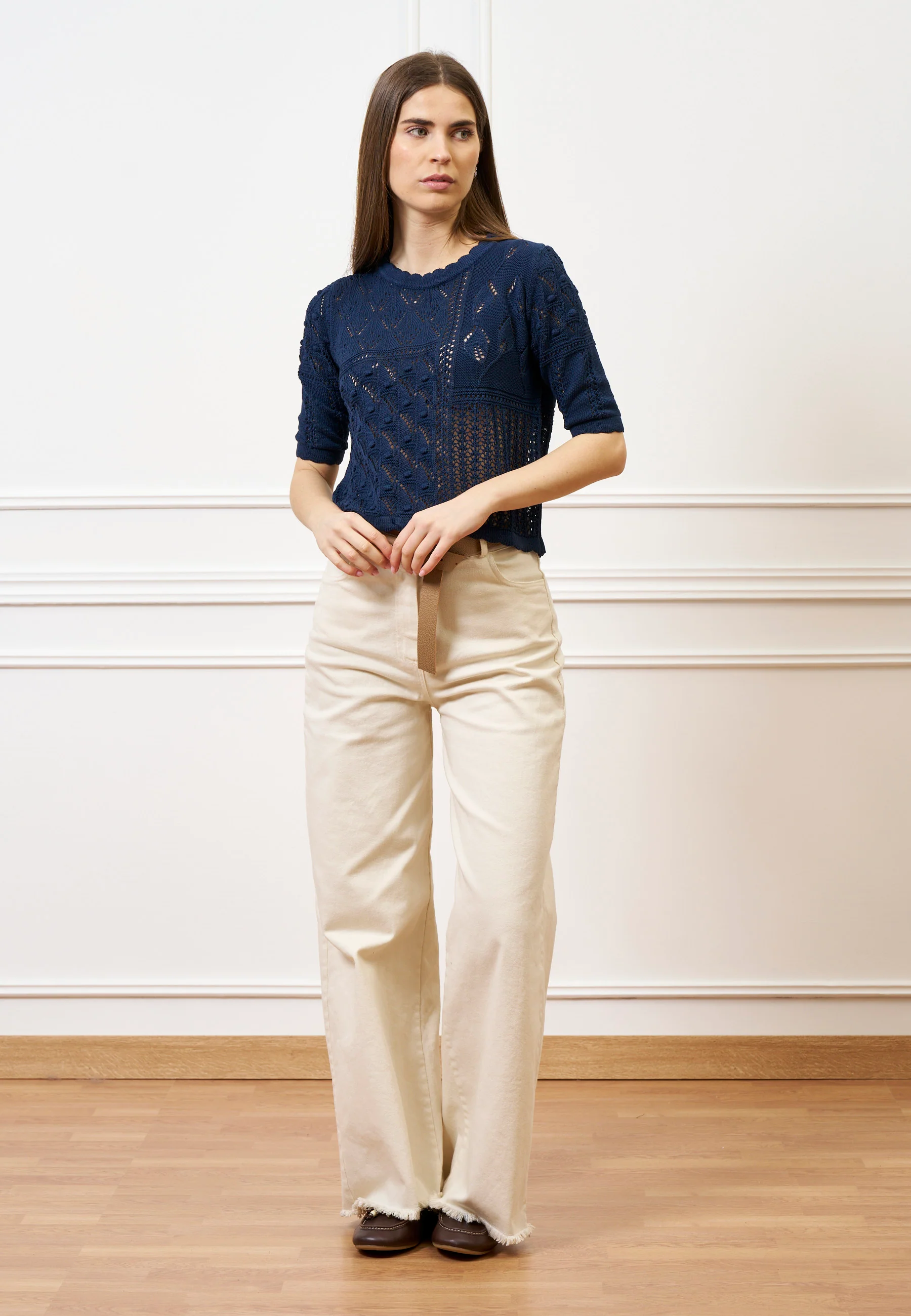 Maglia traforata crop in cotone - BLU - Image 4
