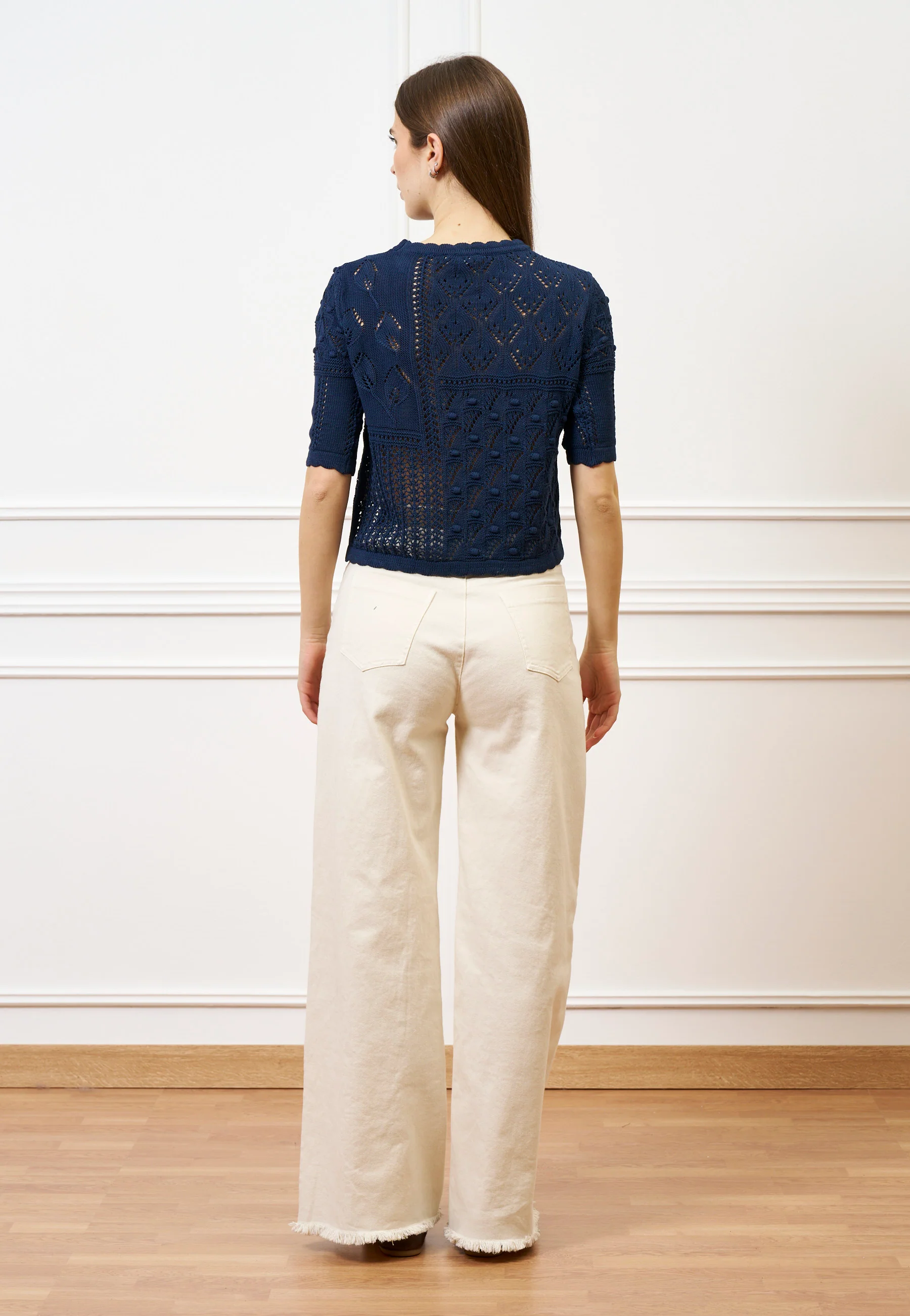 Maglia traforata crop in cotone - BLU - Image 5