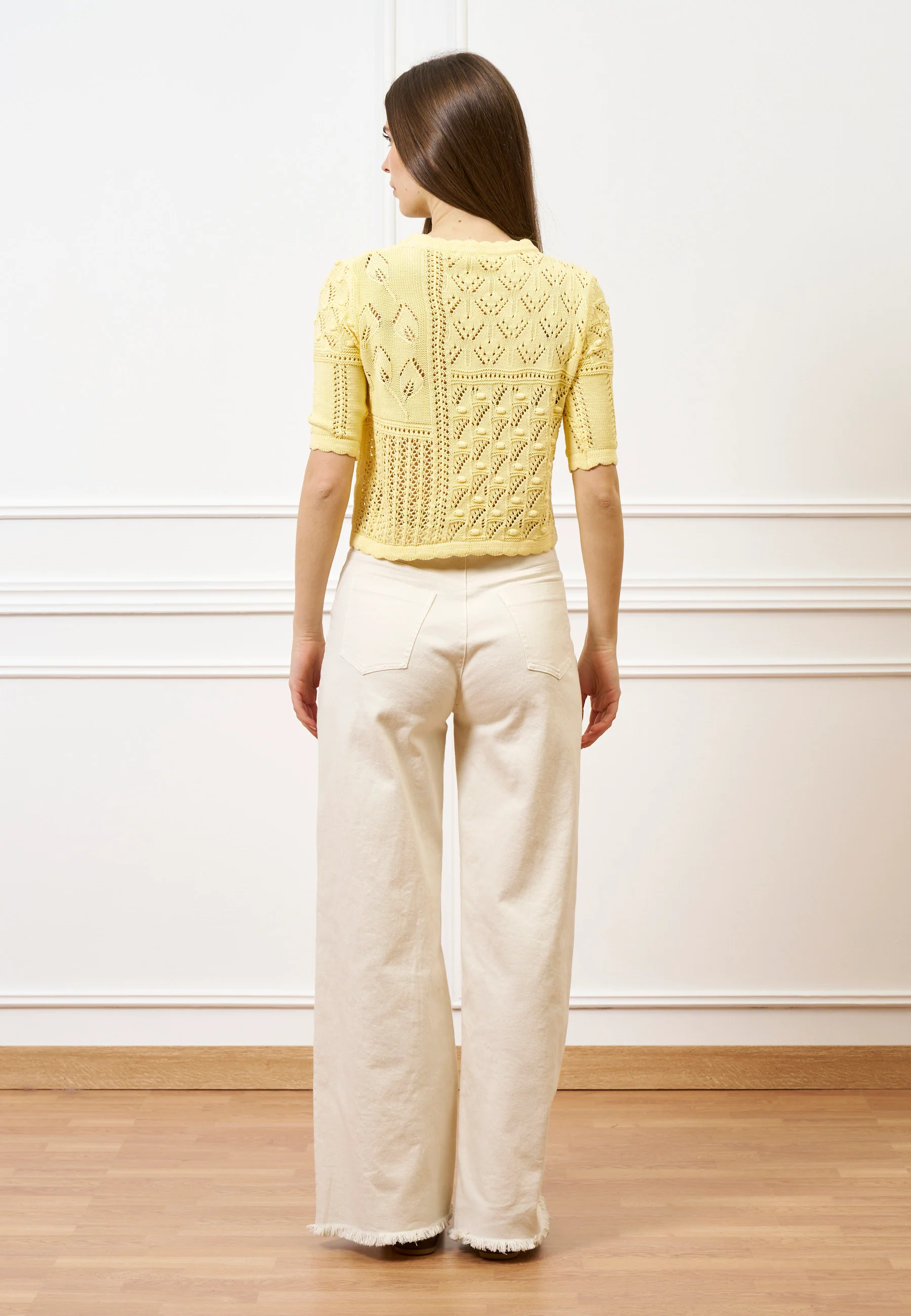 Maglia traforata crop in cotone - GIALLO - Image 5