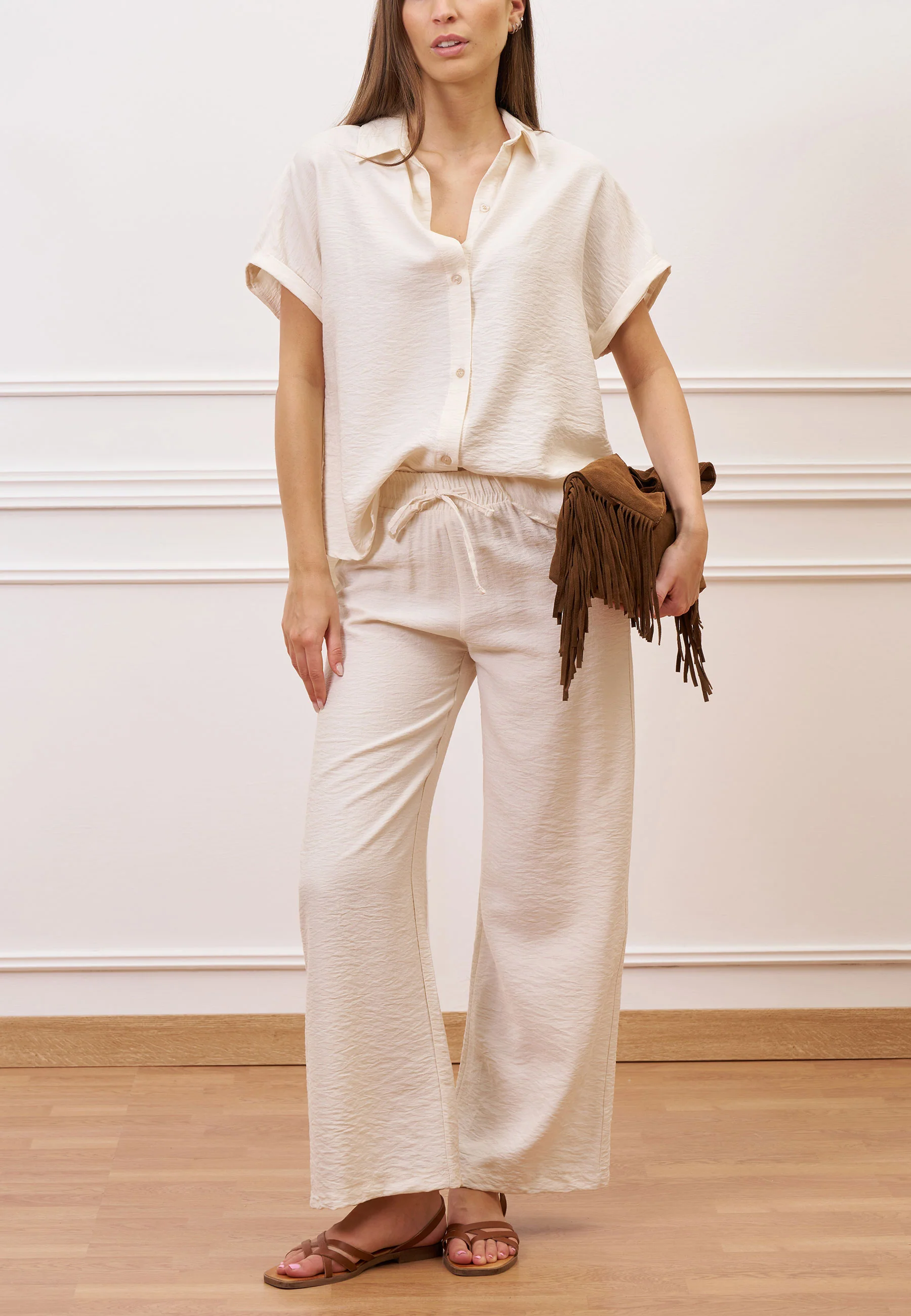 Pantalone ampio in viscosa - BEIGE - Image 3