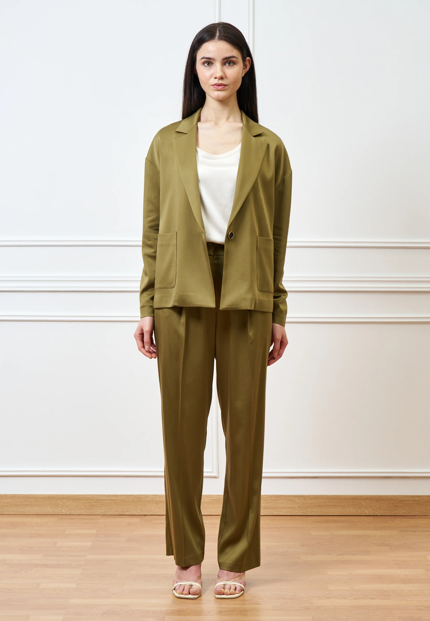 Pantalone dritto pinces in raso - MILITARE - Image 2