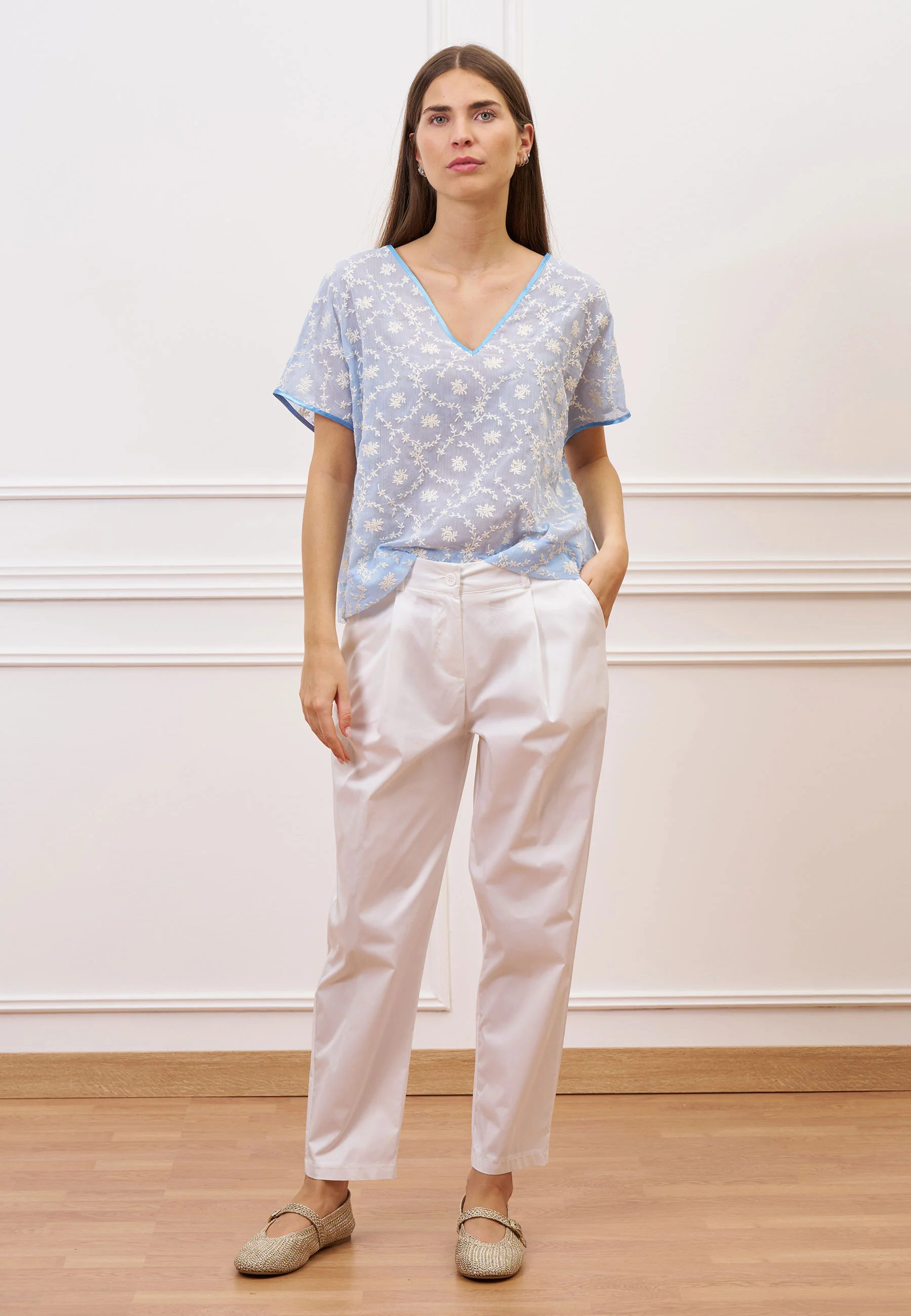 Pantalone in popeline con pince - BIANCO - Image 4