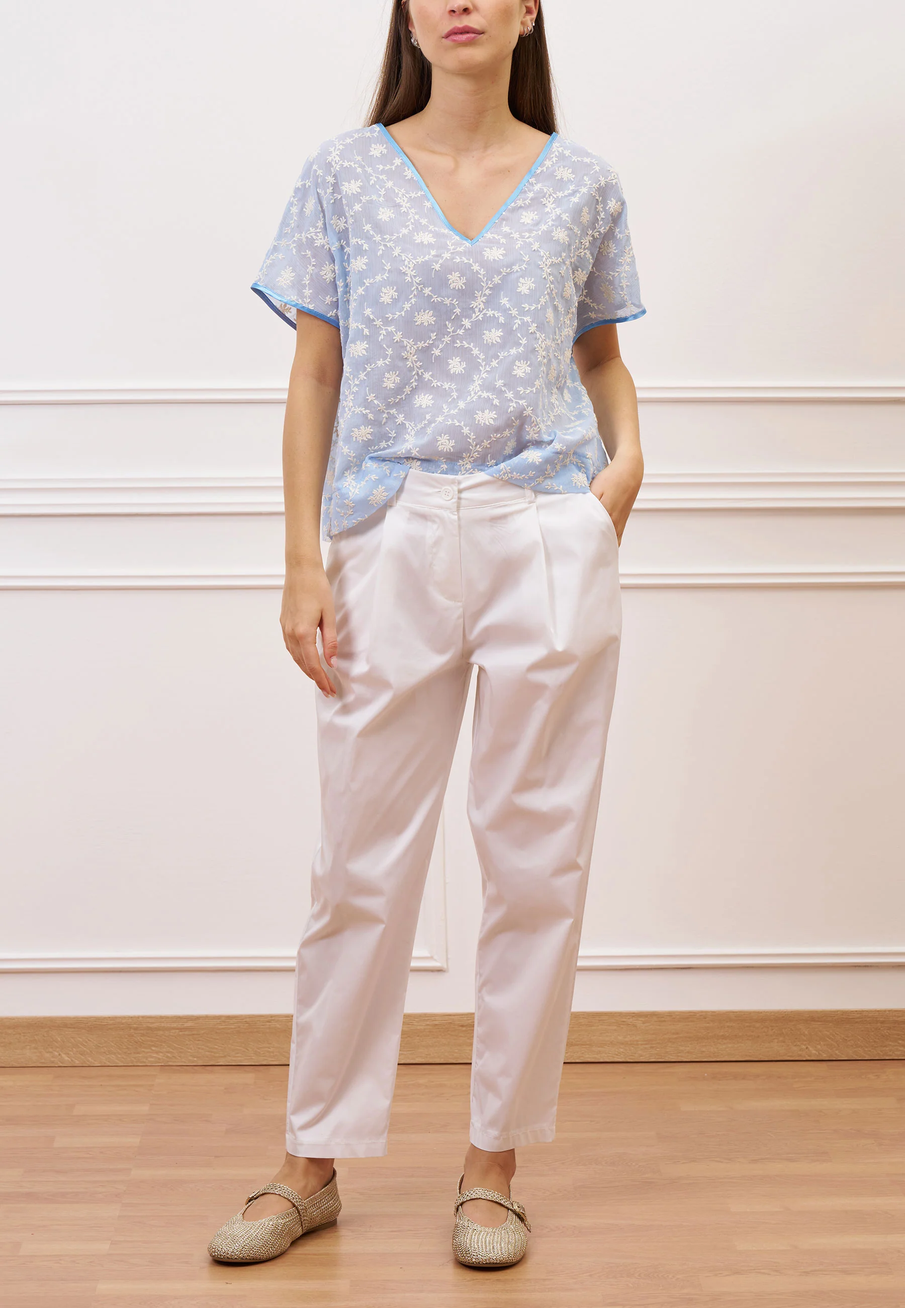 Pantalone in popeline con pince - BIANCO - Image 5