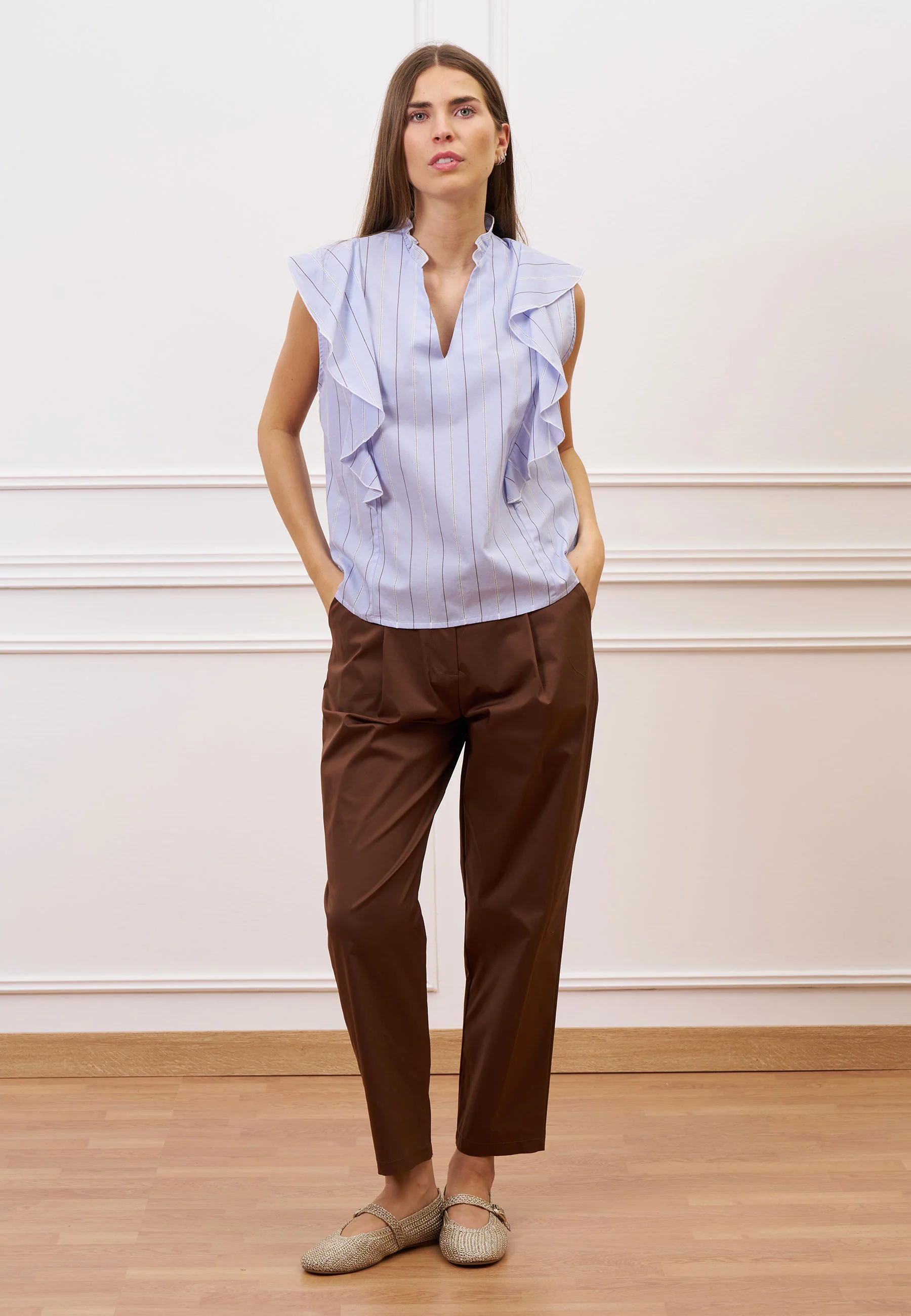 Pantalone in popeline con pince - CAMMELLO