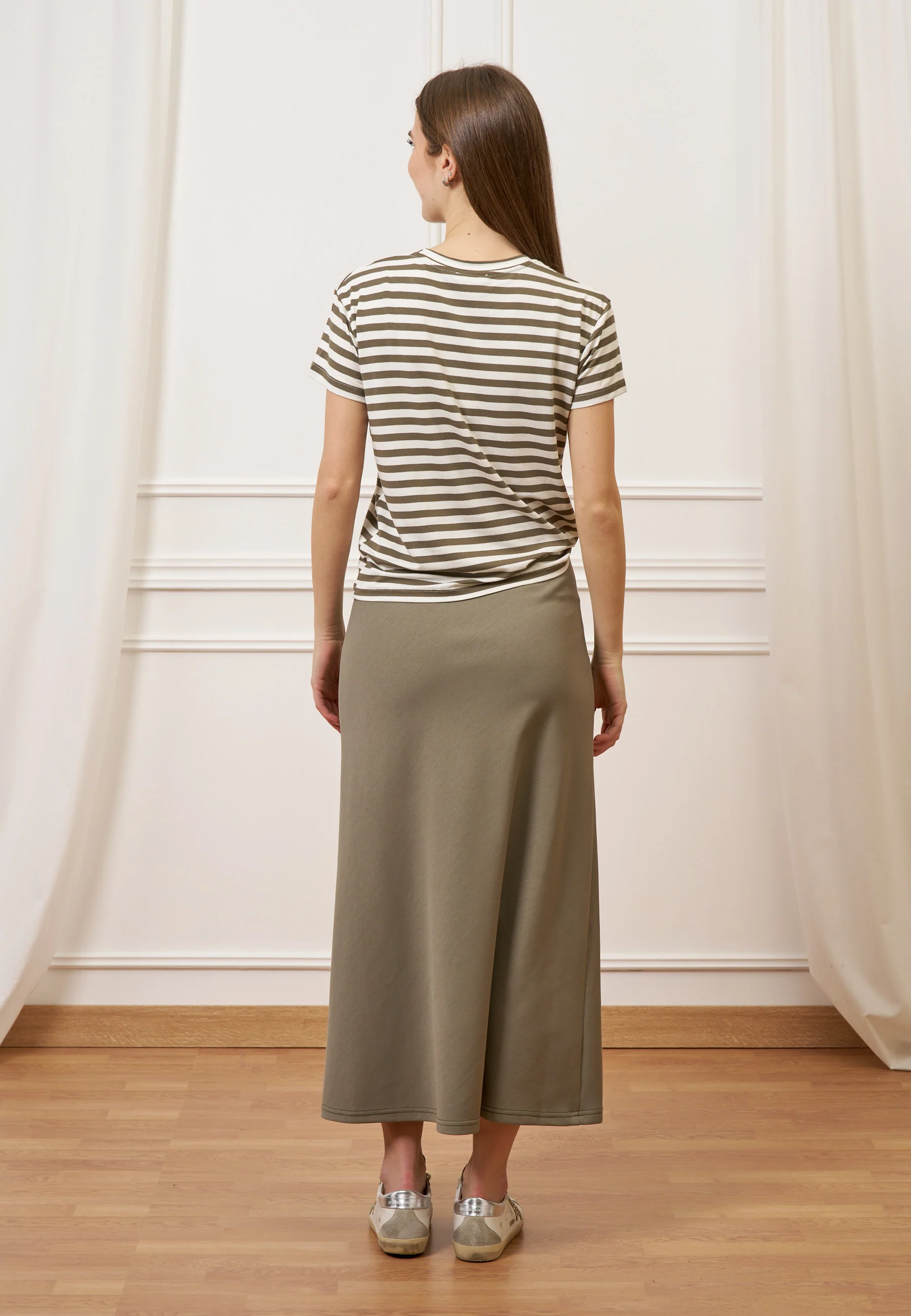 T-shirt a righe con fiore crochet - MILITARE/LATTE - Image 5