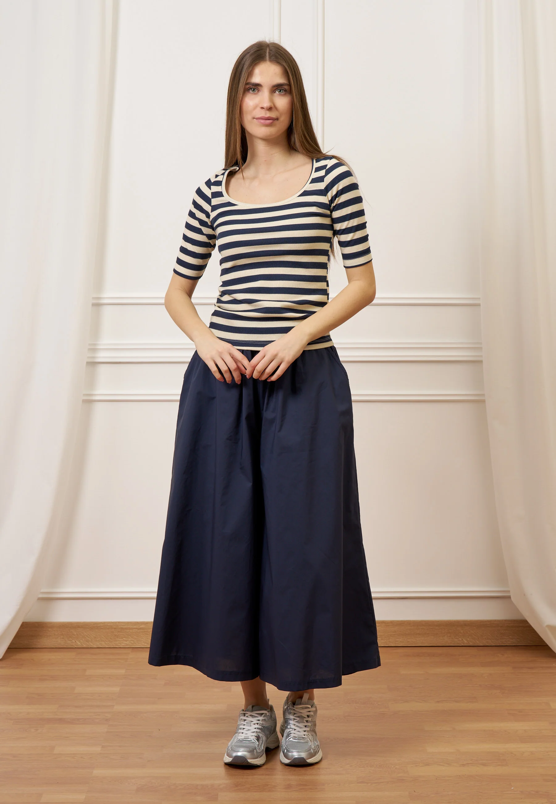 T-shirt a righe in costine stretch - BLU - Image 4