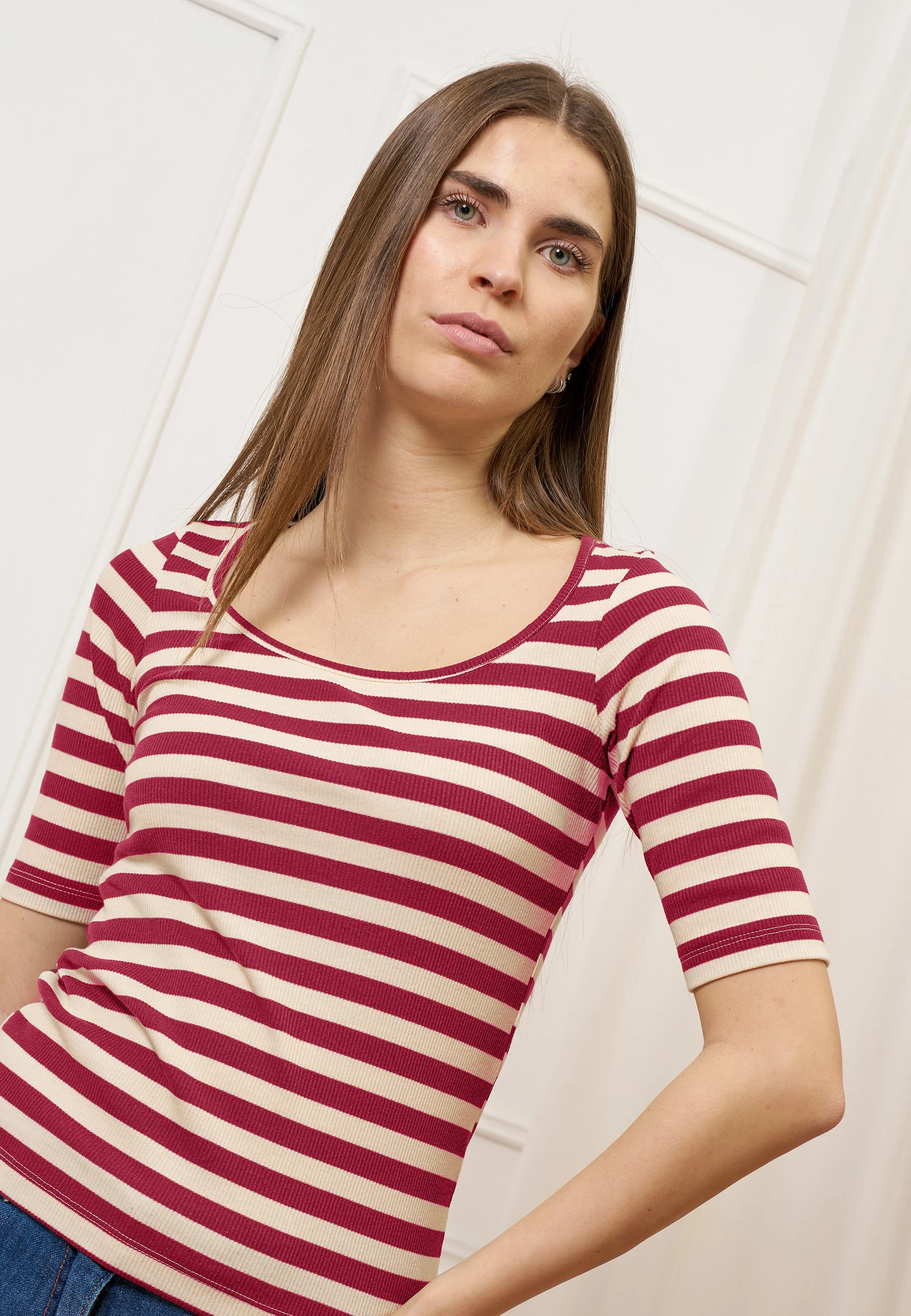 T-shirt a righe in costine stretch - BORDEAUX - Image 3