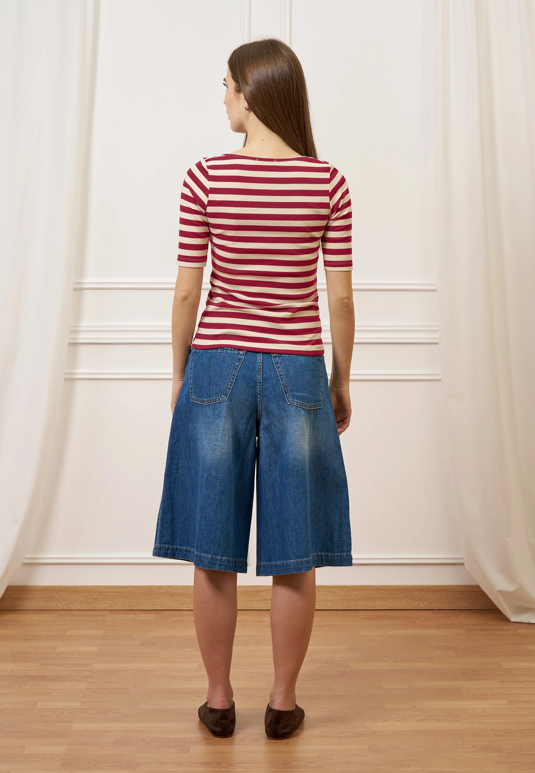 T-shirt a righe in costine stretch - BORDEAUX - Image 5